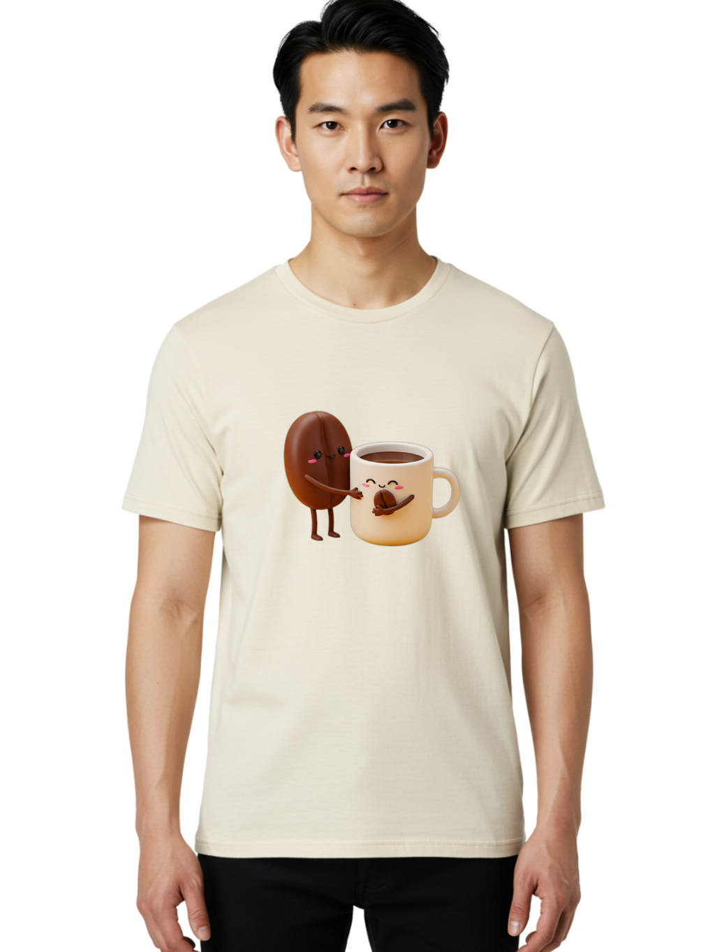 Coffee-Bean-And-Coffee-Mug Men'S Graphic Tee, 100% Cotton, Comfortable Casual Summer Wear, Machine Washable, Cartoon Coffee Bean, Anthropomorphic Coffee Mug, Cute Illustration, Digital Art, Coffee Culture, Humorous Design, Cartoon Characters, Bab770