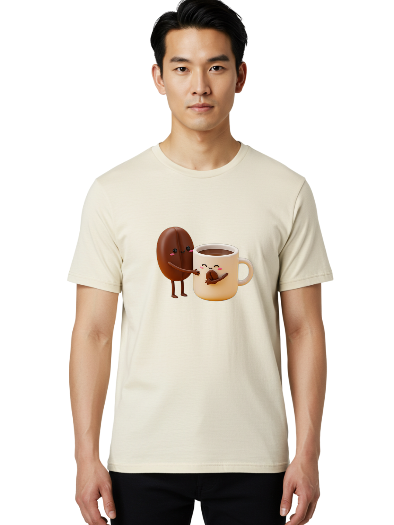 Coffee-Bean-And-Coffee-Mug Men'S Graphic Tee, 100% Cotton, Comfortable Casual Summer Wear, Machine Washable, Cartoon Coffee Bean, Anthropomorphic Coffee Mug, Cute Illustration, Digital Art, Coffee Culture, Humorous Design, Cartoon Characters, Bab770
