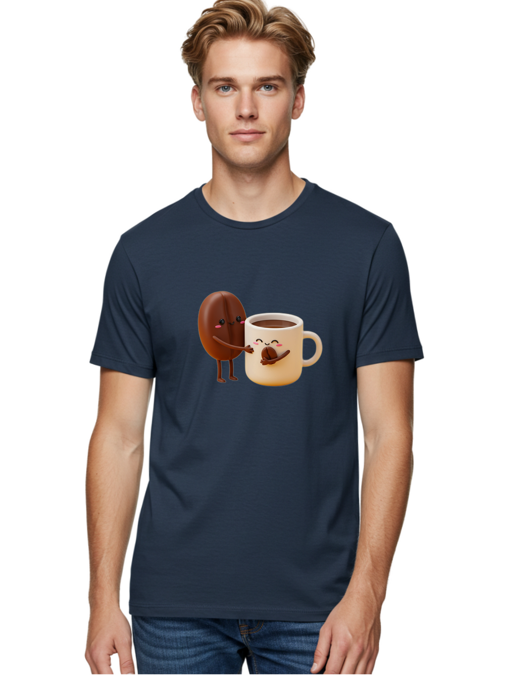Coffee-Bean-And-Coffee-Mug Men'S Graphic Tee, 100% Cotton, Comfortable Casual Summer Wear, Machine Washable, Cartoon Coffee Bean, Anthropomorphic Coffee Mug, Cute Illustration, Digital Art, Coffee Culture, Humorous Design, Cartoon Characters, Bab770