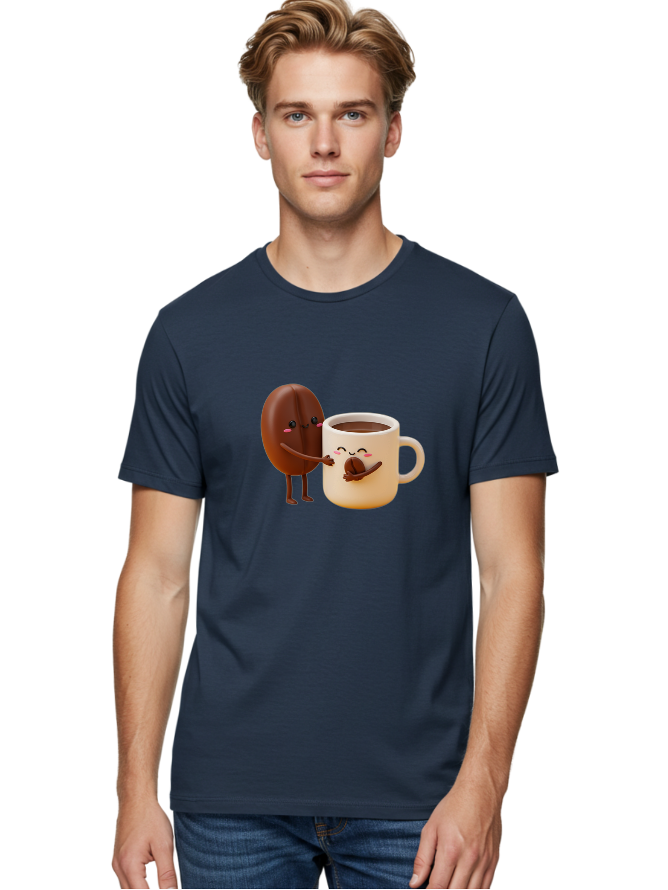 Coffee-Bean-And-Coffee-Mug Men'S Graphic Tee, 100% Cotton, Comfortable Casual Summer Wear, Machine Washable, Cartoon Coffee Bean, Anthropomorphic Coffee Mug, Cute Illustration, Digital Art, Coffee Culture, Humorous Design, Cartoon Characters, Bab770