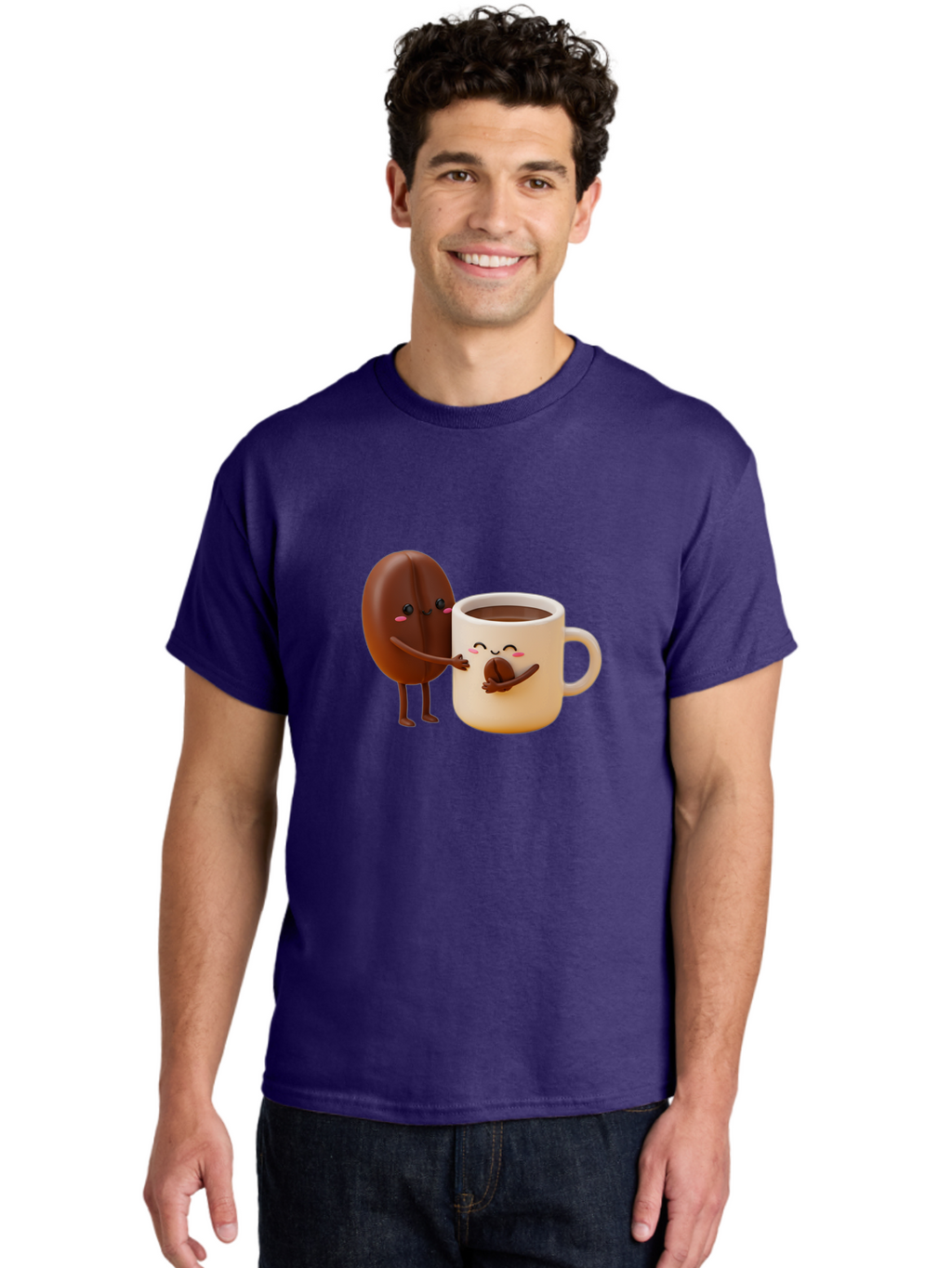 Coffee-Bean-And-Coffee-Mug Men'S Graphic Tee, 100% Cotton, Comfortable Casual Summer Wear, Machine Washable, Cartoon Coffee Bean, Anthropomorphic Coffee Mug, Cute Illustration, Digital Art, Coffee Culture, Humorous Design, Cartoon Characters, Bab770