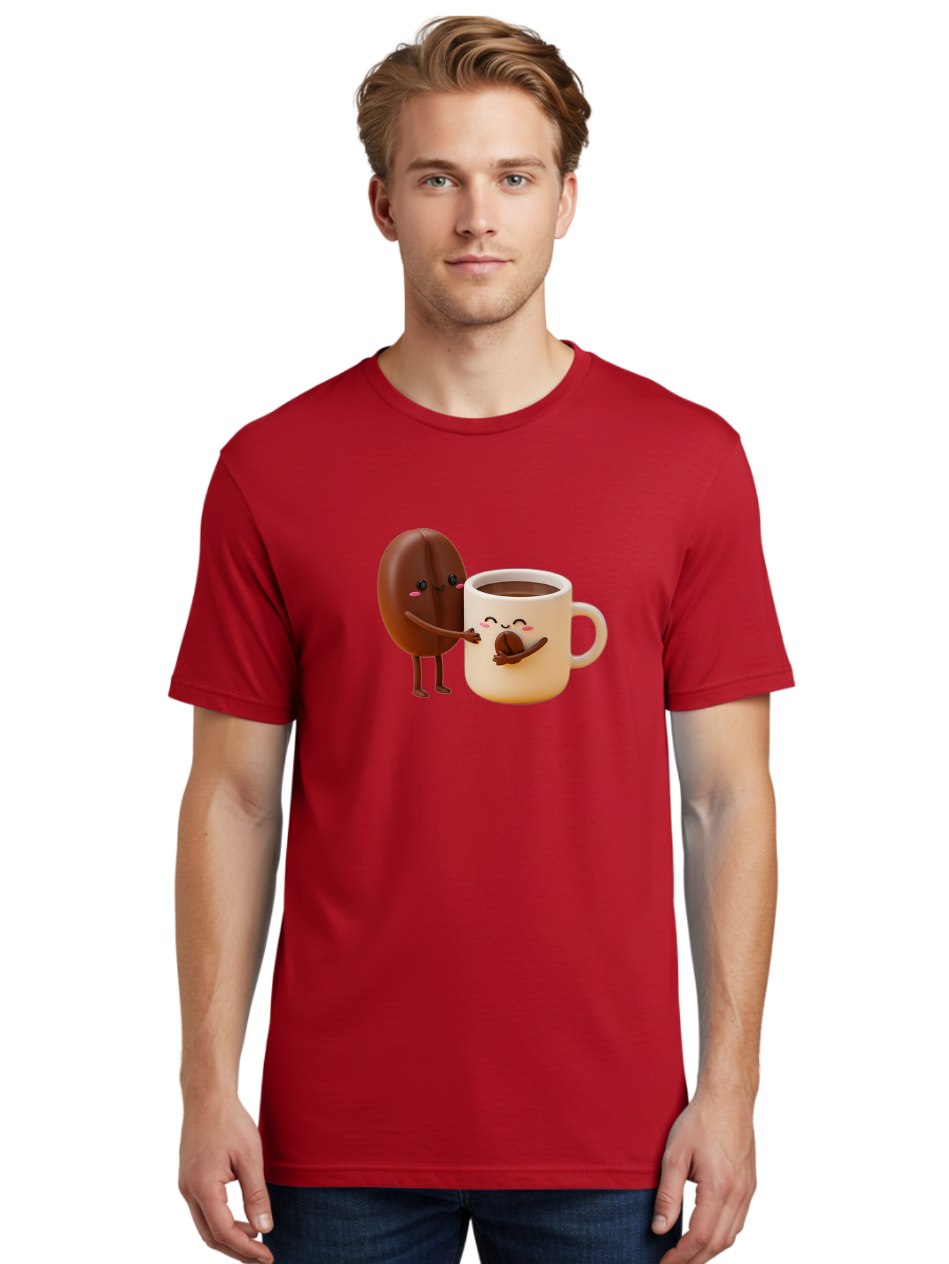 Coffee-Bean-And-Coffee-Mug Men'S Graphic Tee, 100% Cotton, Comfortable Casual Summer Wear, Machine Washable, Cartoon Coffee Bean, Anthropomorphic Coffee Mug, Cute Illustration, Digital Art, Coffee Culture, Humorous Design, Cartoon Characters, Bab770