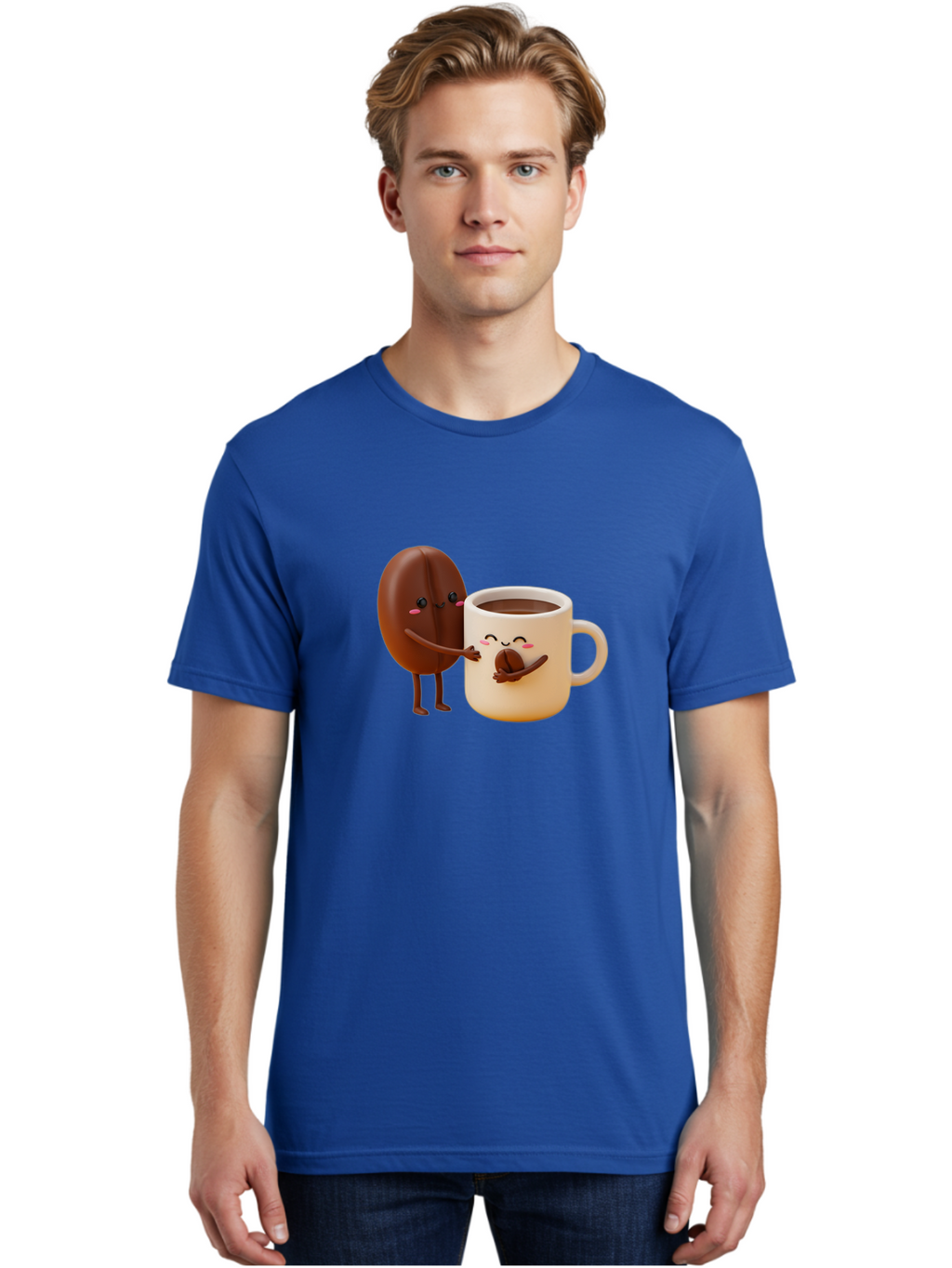 Coffee-Bean-And-Coffee-Mug Men'S Graphic Tee, 100% Cotton, Comfortable Casual Summer Wear, Machine Washable, Cartoon Coffee Bean, Anthropomorphic Coffee Mug, Cute Illustration, Digital Art, Coffee Culture, Humorous Design, Cartoon Characters, Bab770