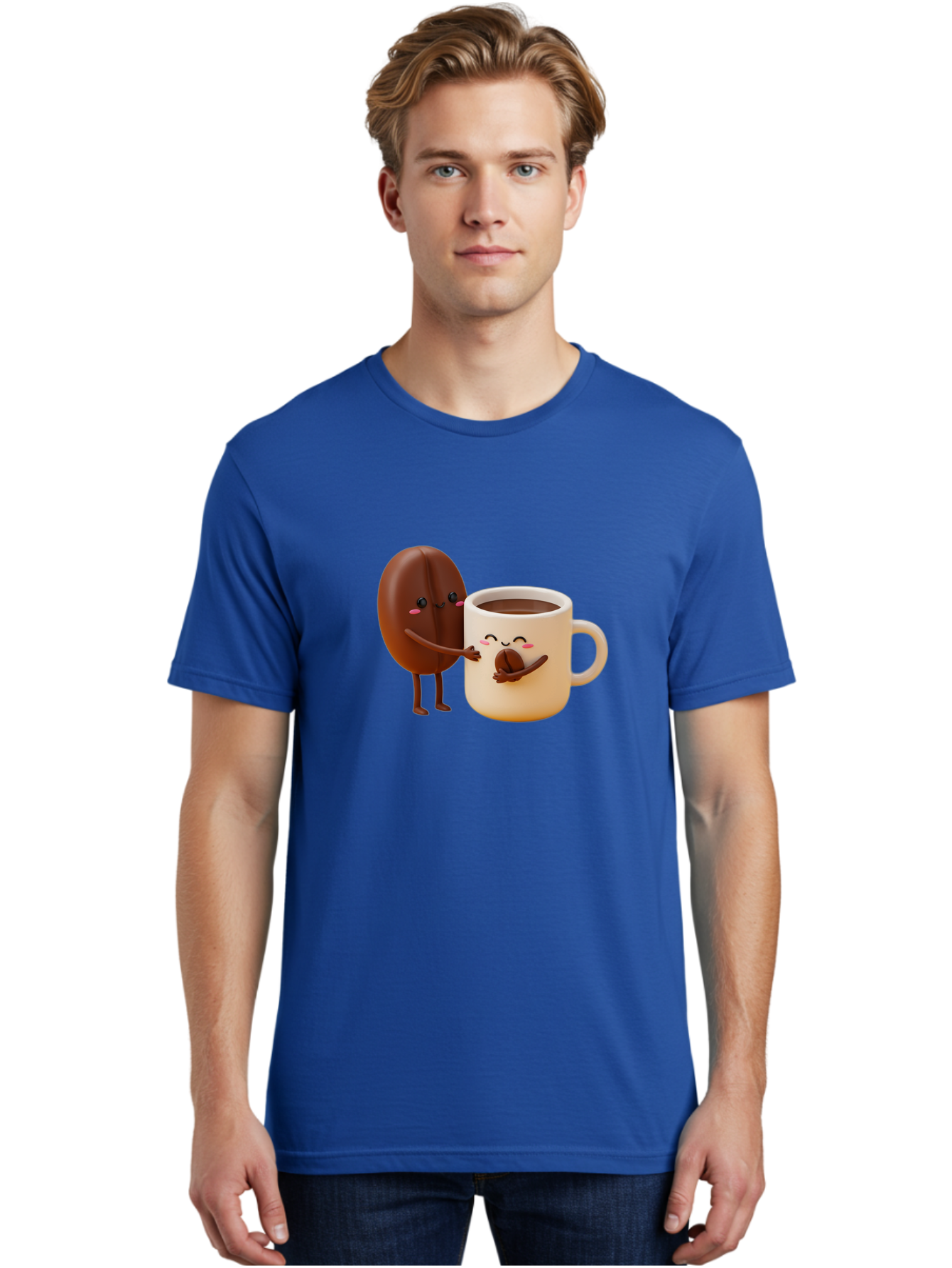 Coffee-Bean-And-Coffee-Mug Men'S Graphic Tee, 100% Cotton, Comfortable Casual Summer Wear, Machine Washable, Cartoon Coffee Bean, Anthropomorphic Coffee Mug, Cute Illustration, Digital Art, Coffee Culture, Humorous Design, Cartoon Characters, Bab770