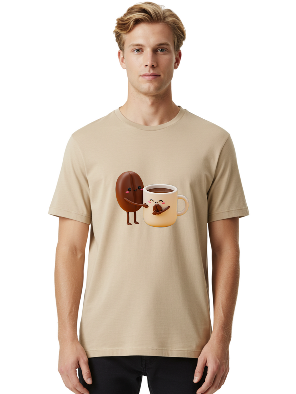 Coffee-Bean-And-Coffee-Mug Men'S Graphic Tee, 100% Cotton, Comfortable Casual Summer Wear, Machine Washable, Cartoon Coffee Bean, Anthropomorphic Coffee Mug, Cute Illustration, Digital Art, Coffee Culture, Humorous Design, Cartoon Characters, Bab770