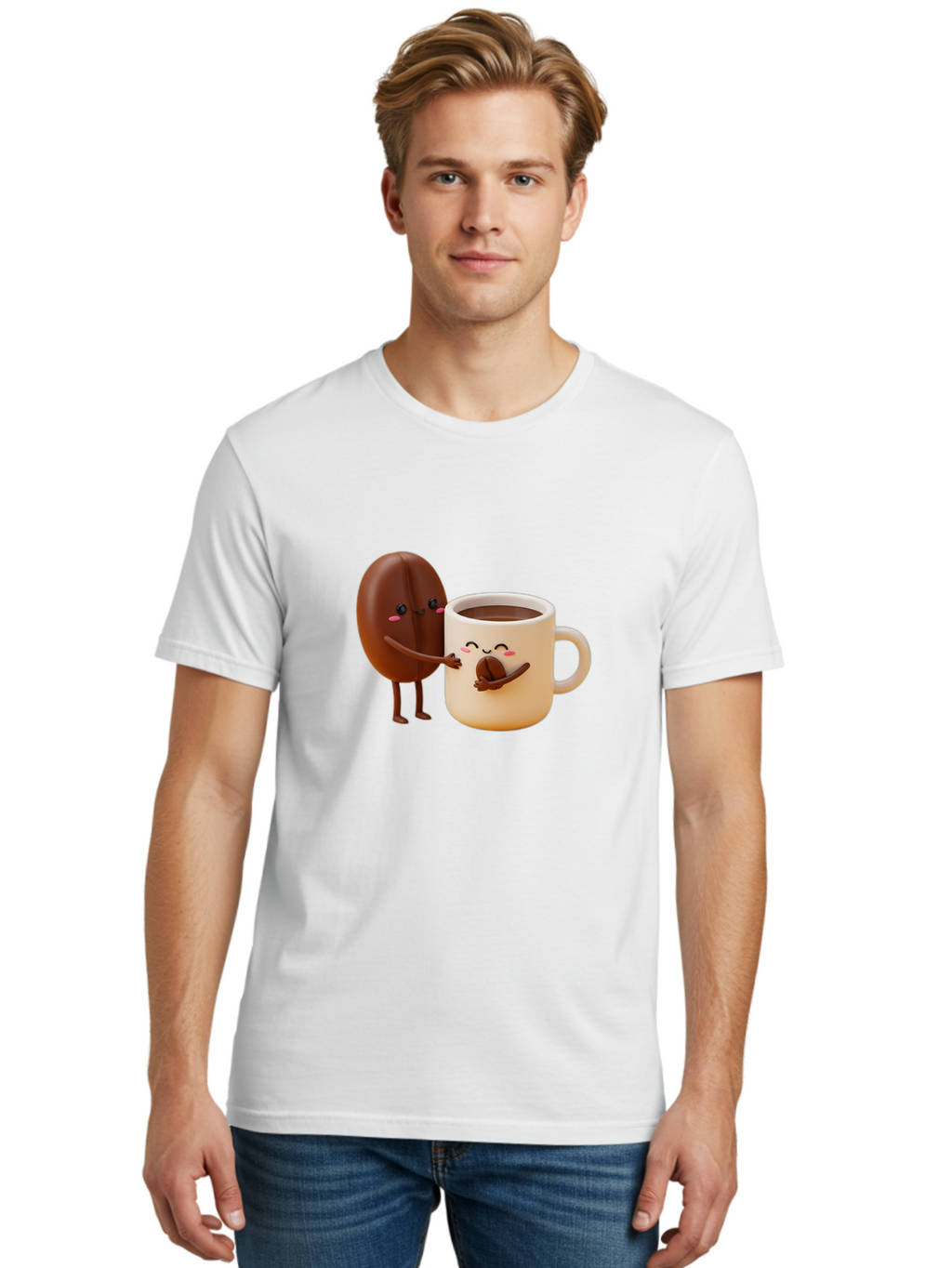 Coffee-Bean-And-Coffee-Mug Men'S Graphic Tee, 100% Cotton, Comfortable Casual Summer Wear, Machine Washable, Cartoon Coffee Bean, Anthropomorphic Coffee Mug, Cute Illustration, Digital Art, Coffee Culture, Humorous Design, Cartoon Characters, Bab770
