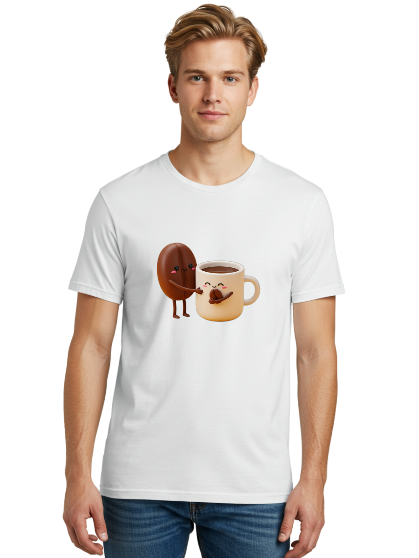 Coffee-Bean-And-Coffee-Mug Men'S Graphic Tee, 100% Cotton, Comfortable Casual Summer Wear, Machine Washable, Cartoon Coffee Bean, Anthropomorphic Coffee Mug, Cute Illustration, Digital Art, Coffee Culture, Humorous Design, Cartoon Characters, Bab770