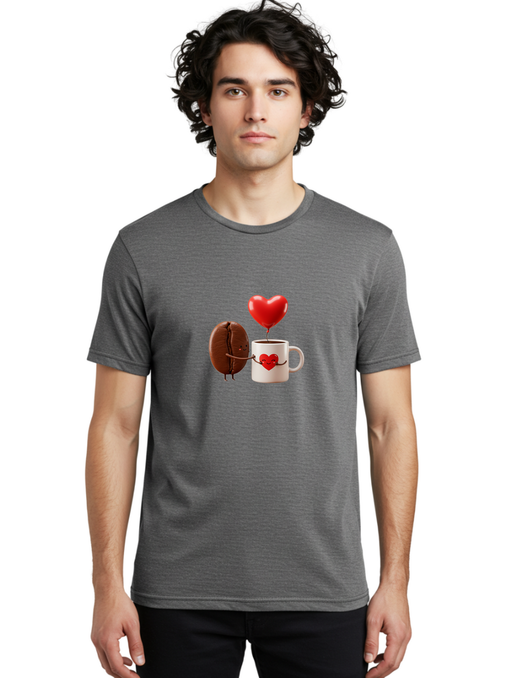 Coffee-Bean-And-Heart Men'S Graphic Tee, 100% Cotton, Comfortable Casual Summer Wear, Machine Washable, Cartoon Coffee Bean, Smiling Coffee Mug, Red Heart Balloon, Love Coffee, Adorable Characters, Coffee Lovers, Cute Illustration, Bab771