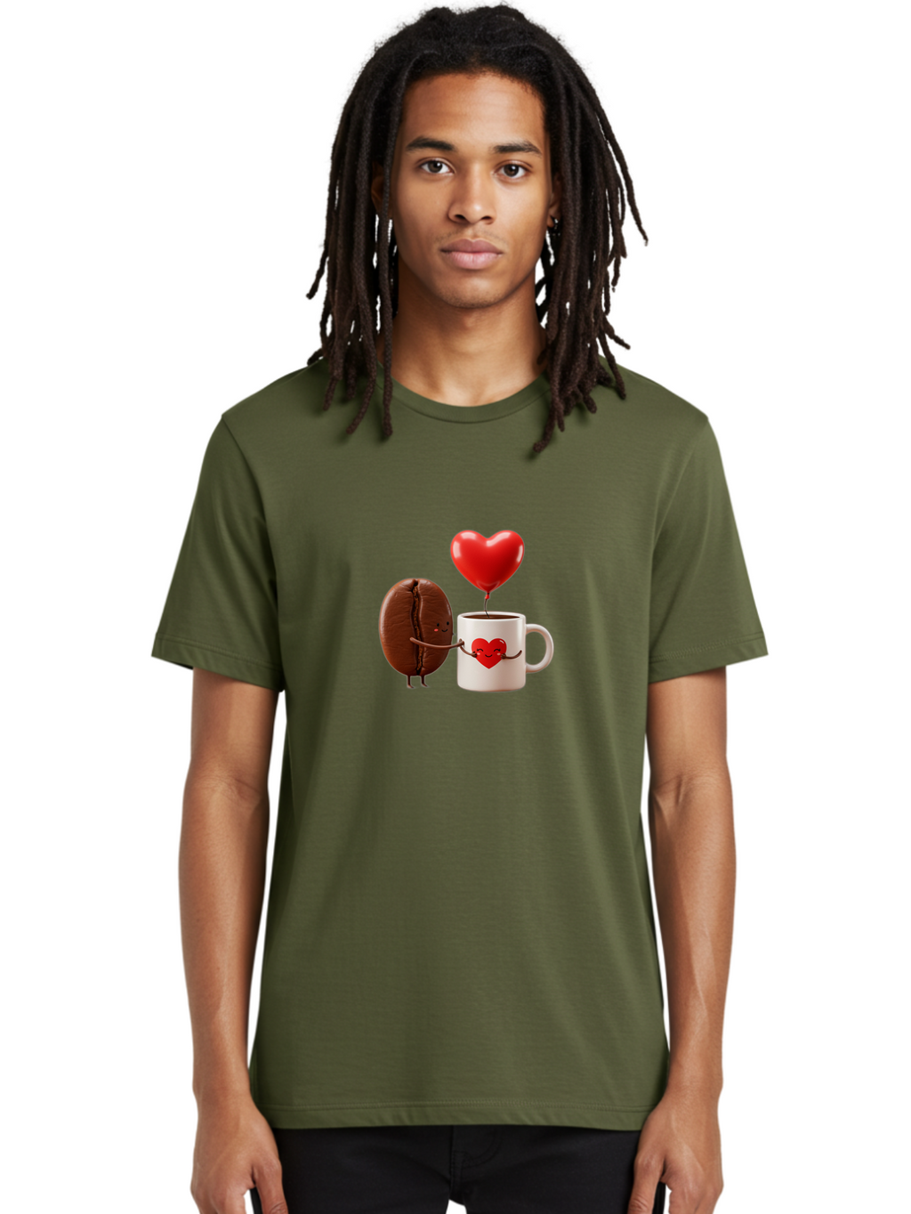 Coffee-Bean-And-Heart Men'S Graphic Tee, 100% Cotton, Comfortable Casual Summer Wear, Machine Washable, Cartoon Coffee Bean, Smiling Coffee Mug, Red Heart Balloon, Love Coffee, Adorable Characters, Coffee Lovers, Cute Illustration, Bab771