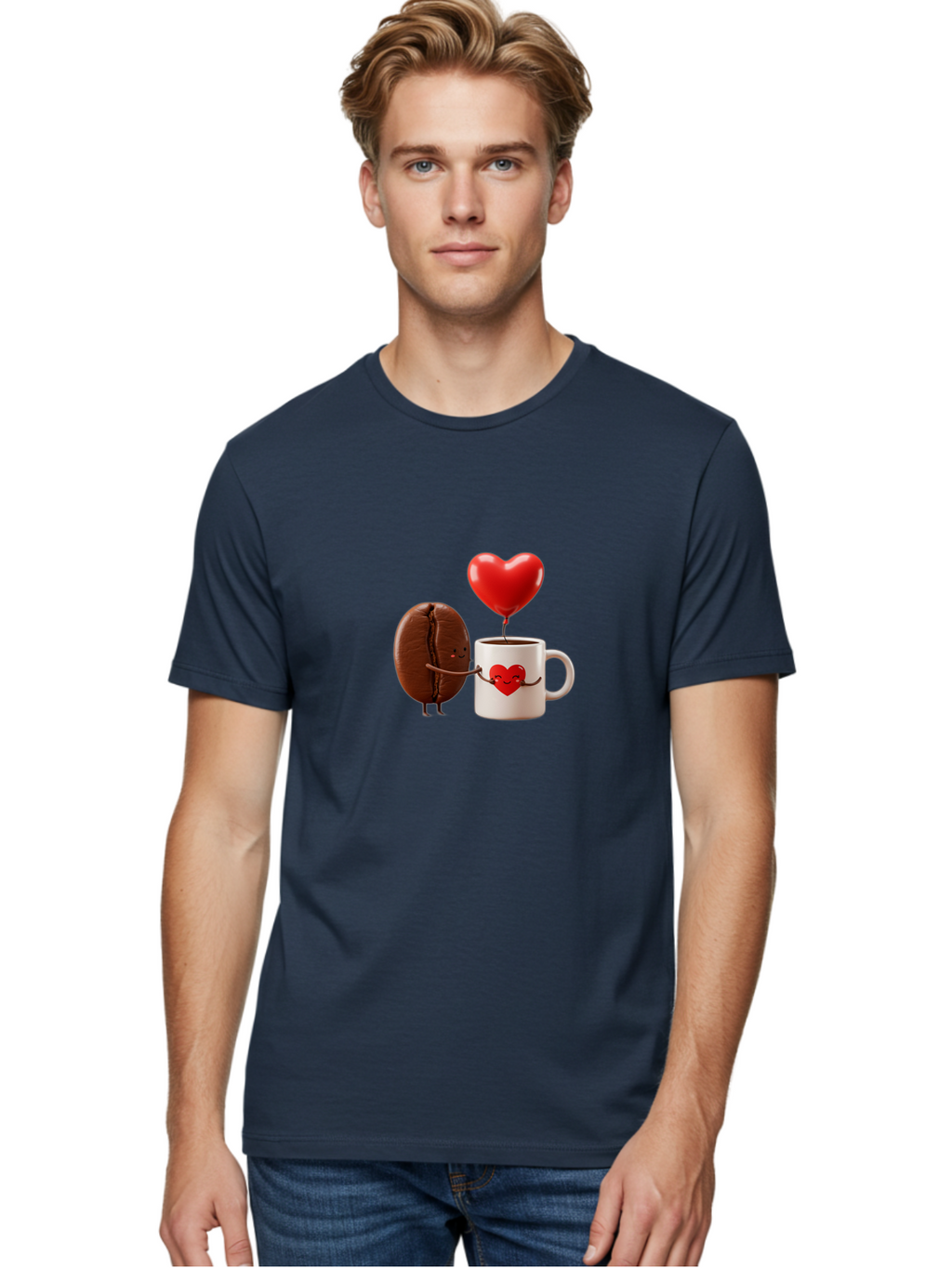 Coffee-Bean-And-Heart Men'S Graphic Tee, 100% Cotton, Comfortable Casual Summer Wear, Machine Washable, Cartoon Coffee Bean, Smiling Coffee Mug, Red Heart Balloon, Love Coffee, Adorable Characters, Coffee Lovers, Cute Illustration, Bab771