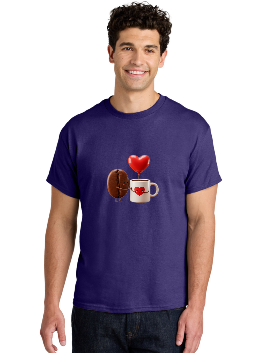 Coffee-Bean-And-Heart Men'S Graphic Tee, 100% Cotton, Comfortable Casual Summer Wear, Machine Washable, Cartoon Coffee Bean, Smiling Coffee Mug, Red Heart Balloon, Love Coffee, Adorable Characters, Coffee Lovers, Cute Illustration, Bab771