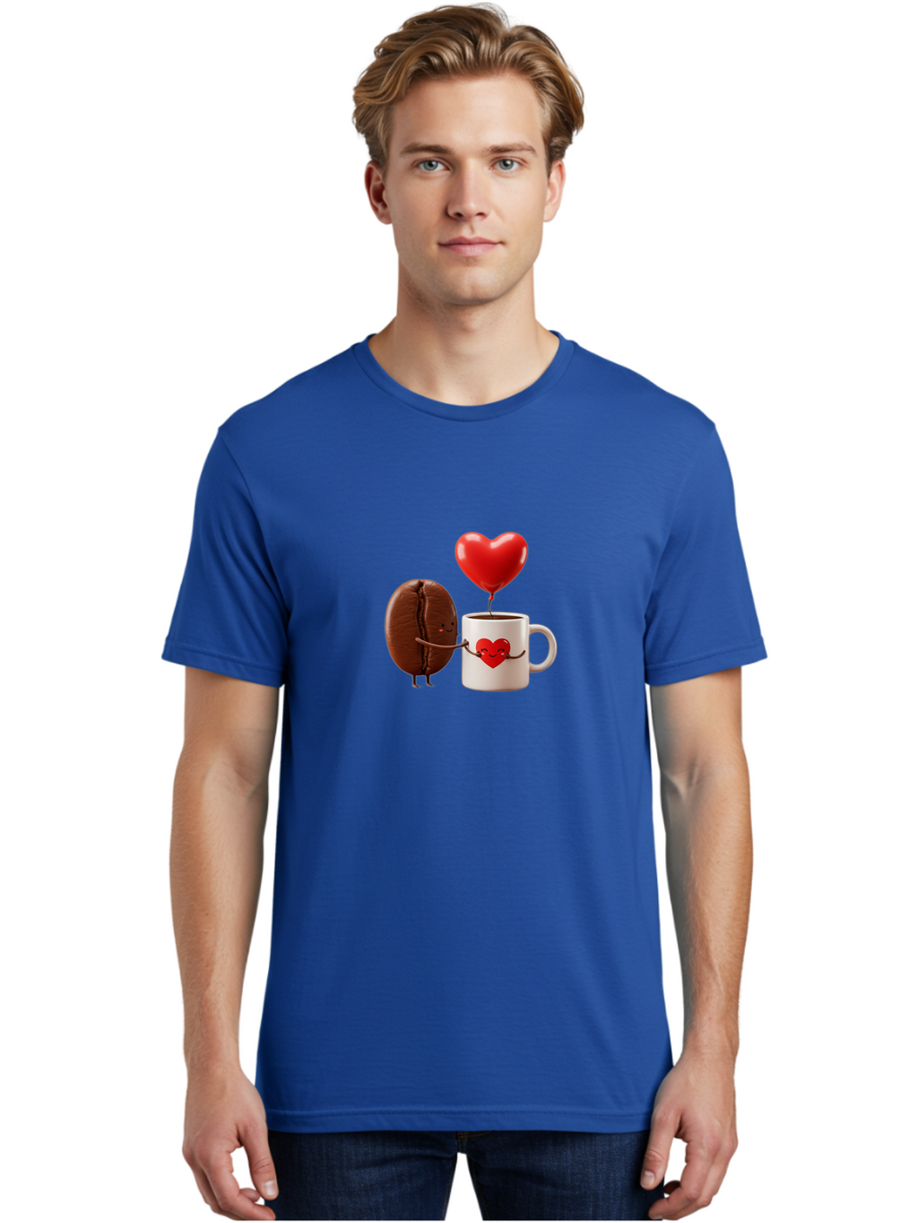 Coffee-Bean-And-Heart Men'S Graphic Tee, 100% Cotton, Comfortable Casual Summer Wear, Machine Washable, Cartoon Coffee Bean, Smiling Coffee Mug, Red Heart Balloon, Love Coffee, Adorable Characters, Coffee Lovers, Cute Illustration, Bab771