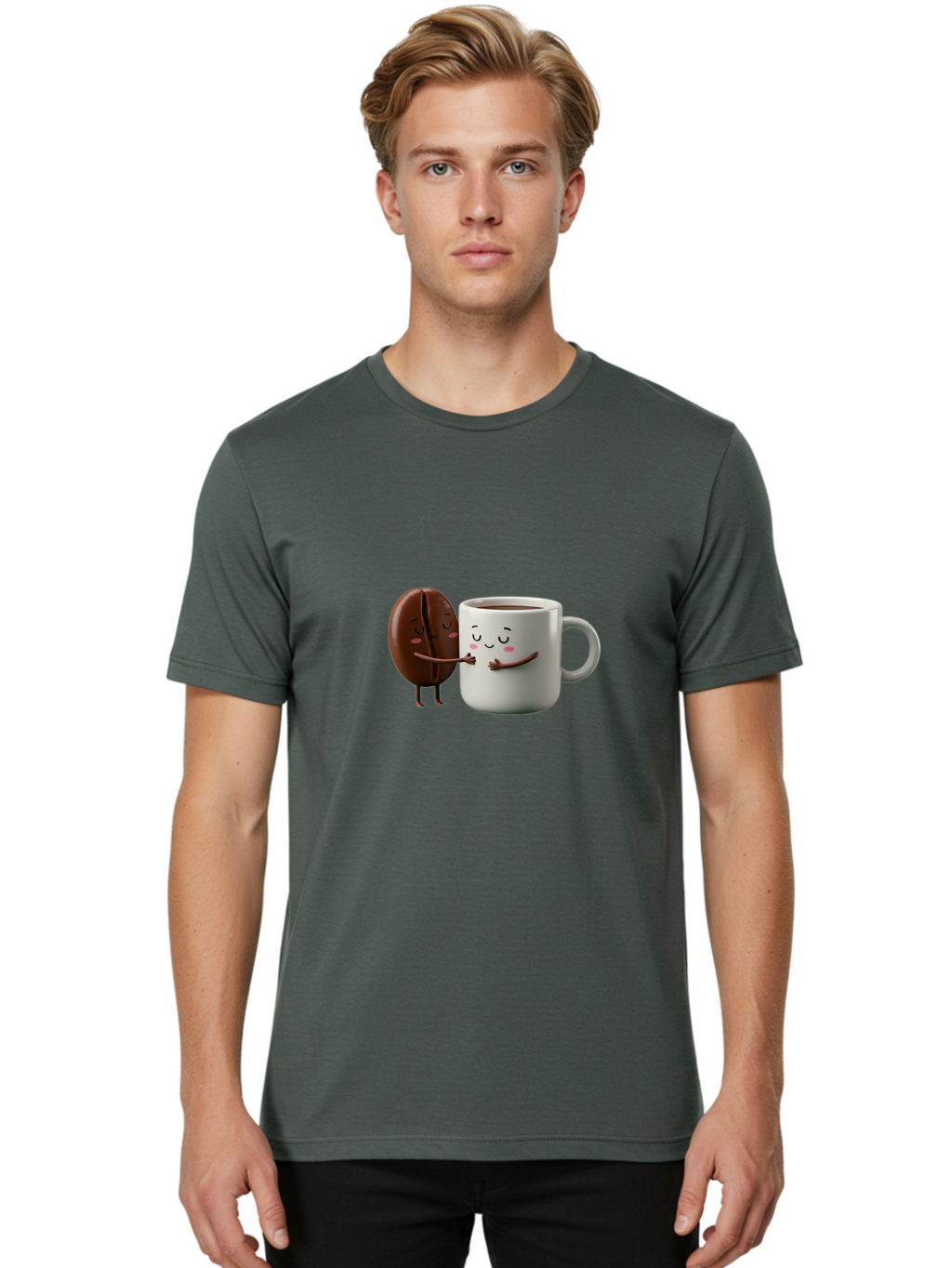 Coffee-Bean-And-Mug Men'S Graphic Tee, 100% Cotton, Comfortable Casual Summer Wear, Machine Washable, Cartoon Coffee Bean, Coffee Mug, Winking Faces, Playful Interaction, Coffee Culture, Happy Coffee, Morning Coffee, Coffee Lovers, Bab772