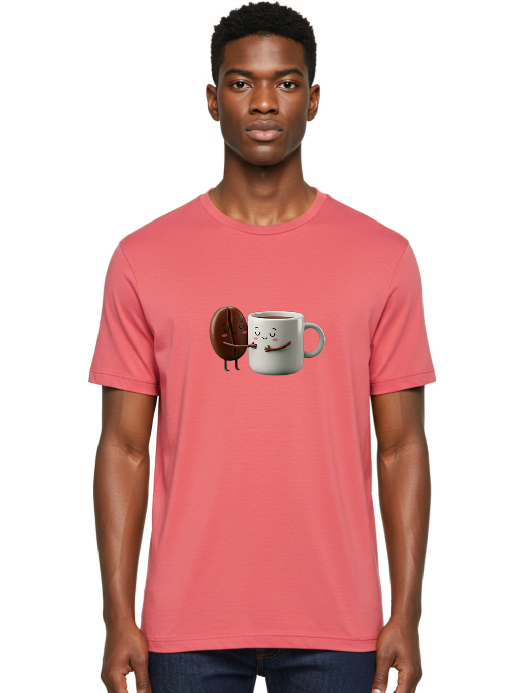 Coffee-Bean-And-Mug Men'S Graphic Tee, 100% Cotton, Comfortable Casual Summer Wear, Machine Washable, Cartoon Coffee Bean, Coffee Mug, Winking Faces, Playful Interaction, Coffee Culture, Happy Coffee, Morning Coffee, Coffee Lovers, Bab772