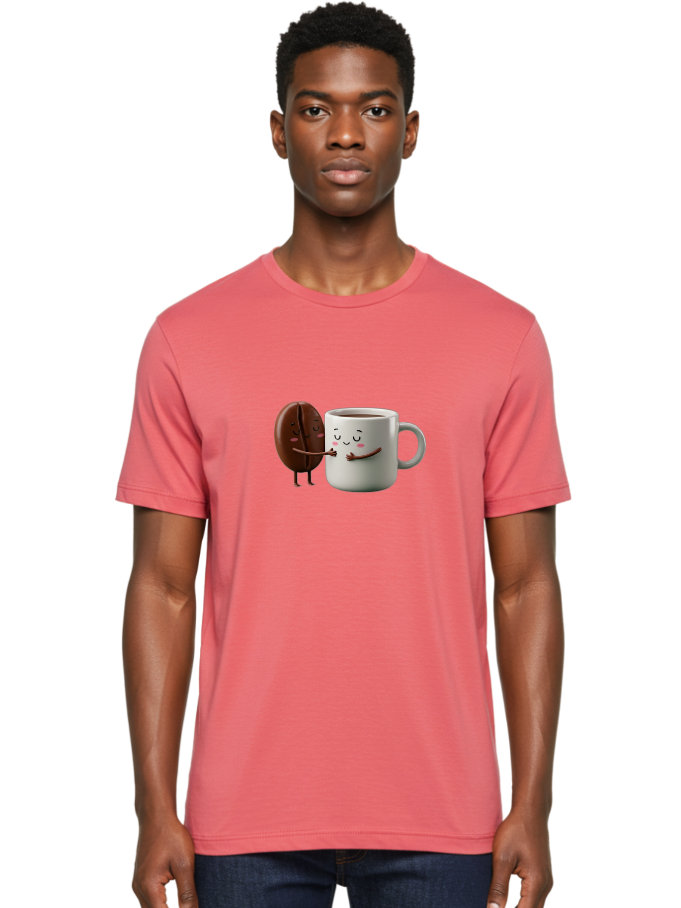 Coffee-Bean-And-Mug Men'S Graphic Tee, 100% Cotton, Comfortable Casual Summer Wear, Machine Washable, Cartoon Coffee Bean, Coffee Mug, Winking Faces, Playful Interaction, Coffee Culture, Happy Coffee, Morning Coffee, Coffee Lovers, Bab772