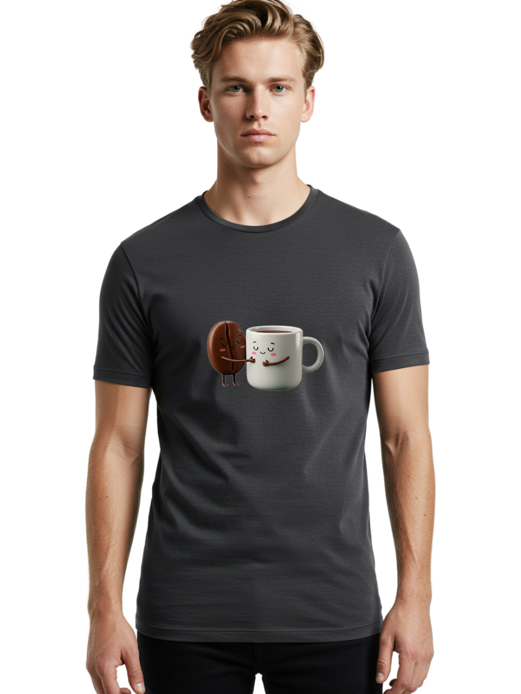 Coffee-Bean-And-Mug Men'S Graphic Tee, 100% Cotton, Comfortable Casual Summer Wear, Machine Washable, Cartoon Coffee Bean, Coffee Mug, Winking Faces, Playful Interaction, Coffee Culture, Happy Coffee, Morning Coffee, Coffee Lovers, Bab772