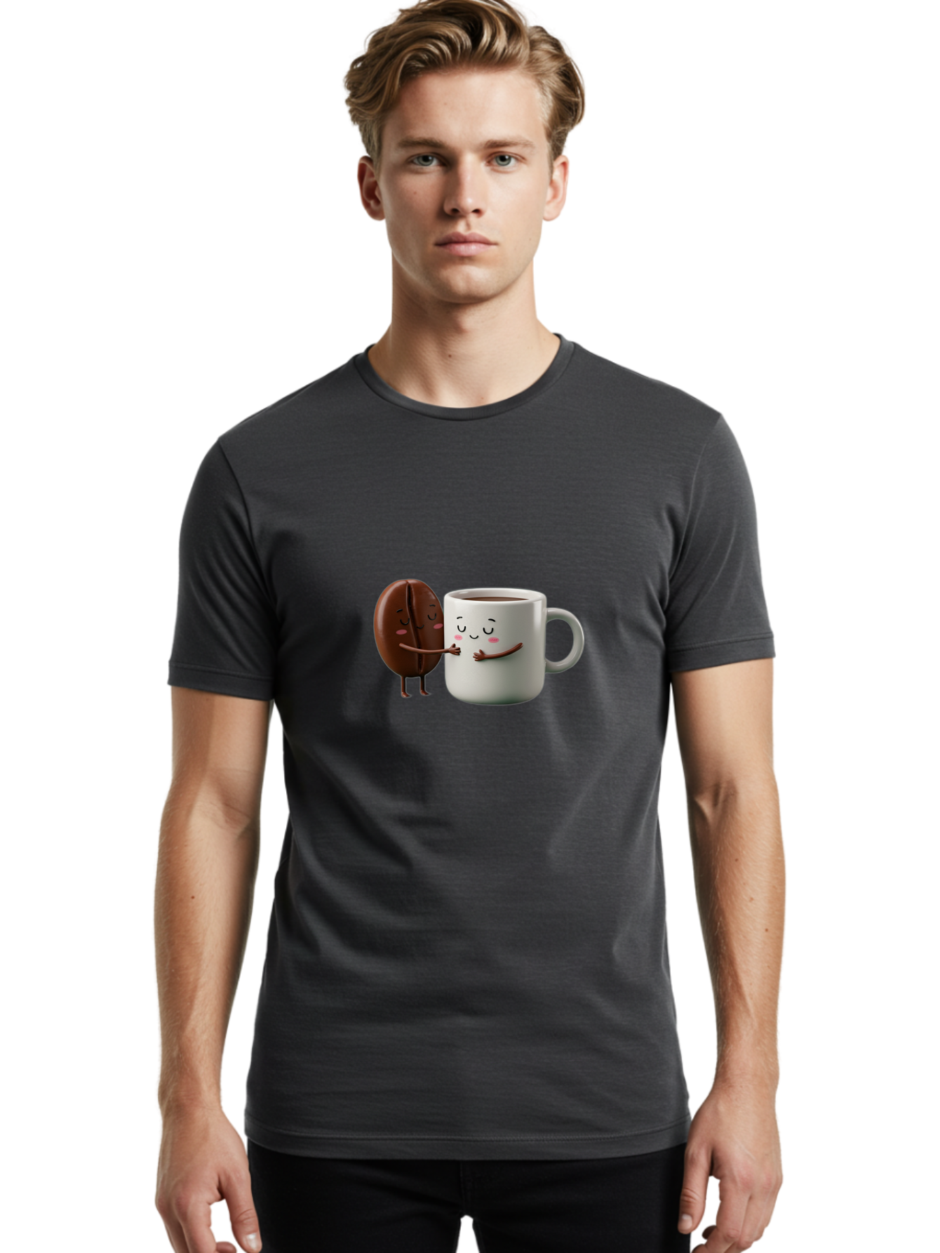 Coffee-Bean-And-Mug Men'S Graphic Tee, 100% Cotton, Comfortable Casual Summer Wear, Machine Washable, Cartoon Coffee Bean, Coffee Mug, Winking Faces, Playful Interaction, Coffee Culture, Happy Coffee, Morning Coffee, Coffee Lovers, Bab772