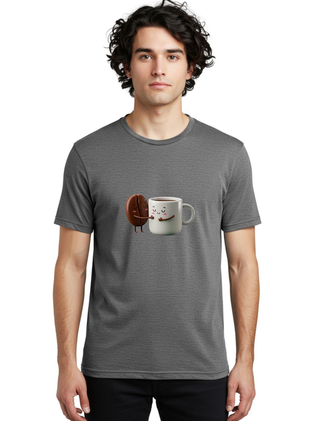 Coffee-Bean-And-Mug Men'S Graphic Tee, 100% Cotton, Comfortable Casual Summer Wear, Machine Washable, Cartoon Coffee Bean, Coffee Mug, Winking Faces, Playful Interaction, Coffee Culture, Happy Coffee, Morning Coffee, Coffee Lovers, Bab772