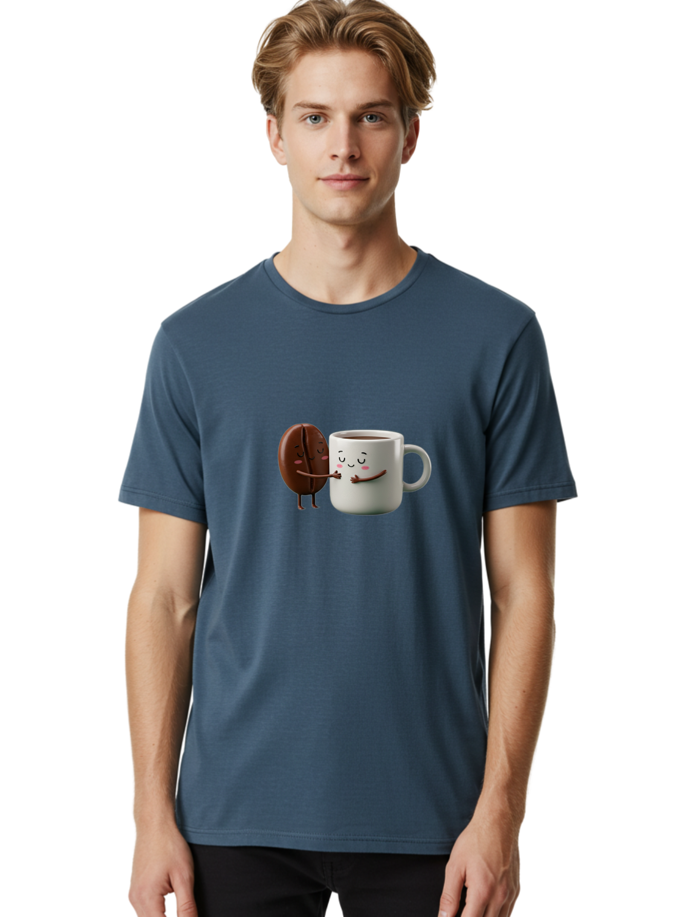 Coffee-Bean-And-Mug Men'S Graphic Tee, 100% Cotton, Comfortable Casual Summer Wear, Machine Washable, Cartoon Coffee Bean, Coffee Mug, Winking Faces, Playful Interaction, Coffee Culture, Happy Coffee, Morning Coffee, Coffee Lovers, Bab772