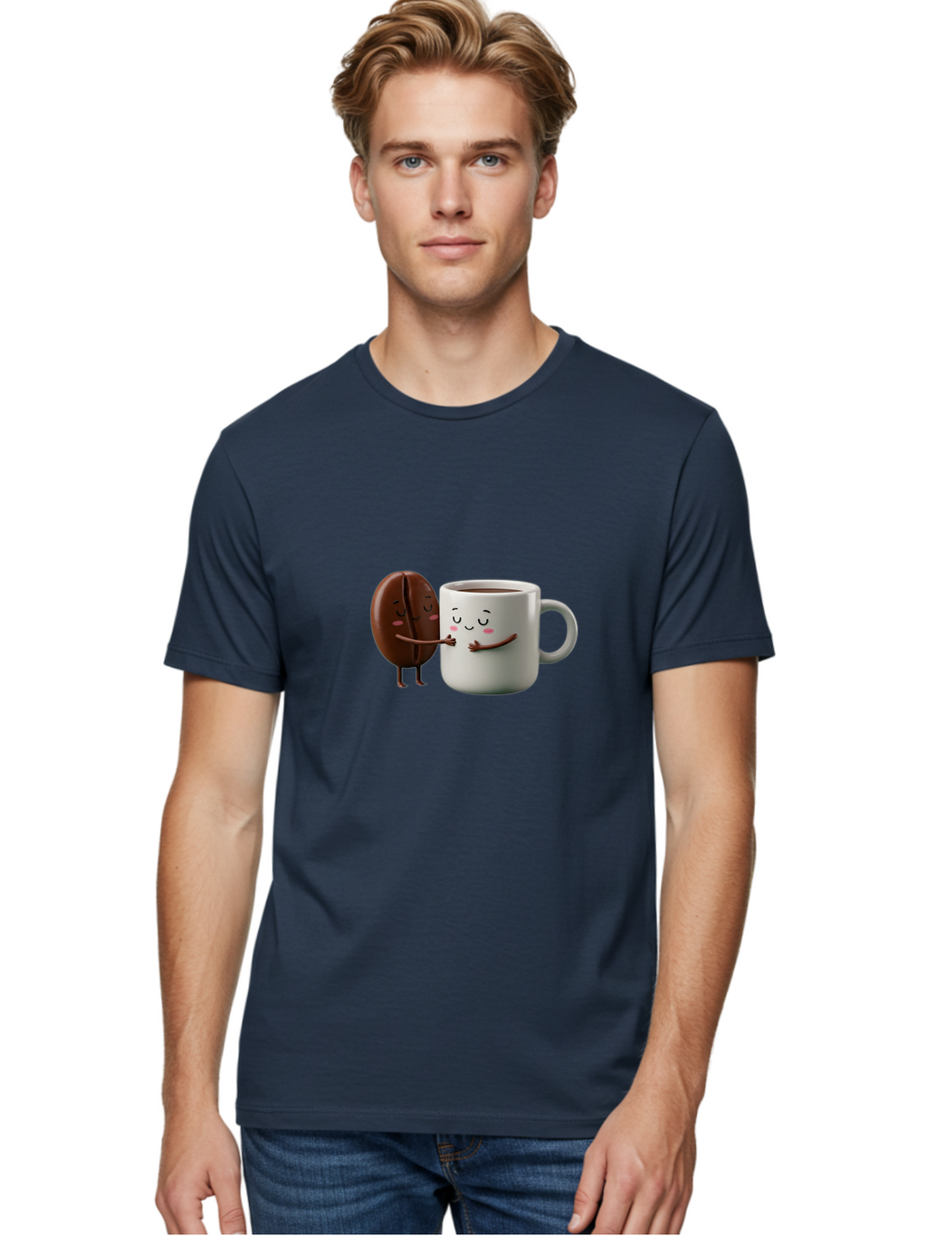 Coffee-Bean-And-Mug Men'S Graphic Tee, 100% Cotton, Comfortable Casual Summer Wear, Machine Washable, Cartoon Coffee Bean, Coffee Mug, Winking Faces, Playful Interaction, Coffee Culture, Happy Coffee, Morning Coffee, Coffee Lovers, Bab772