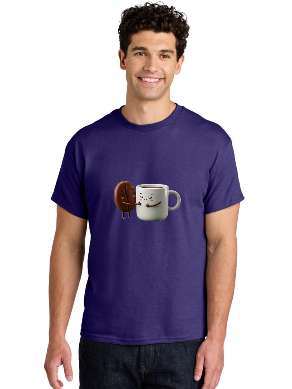 Coffee-Bean-And-Mug Men'S Graphic Tee, 100% Cotton, Comfortable Casual Summer Wear, Machine Washable, Cartoon Coffee Bean, Coffee Mug, Winking Faces, Playful Interaction, Coffee Culture, Happy Coffee, Morning Coffee, Coffee Lovers, Bab772