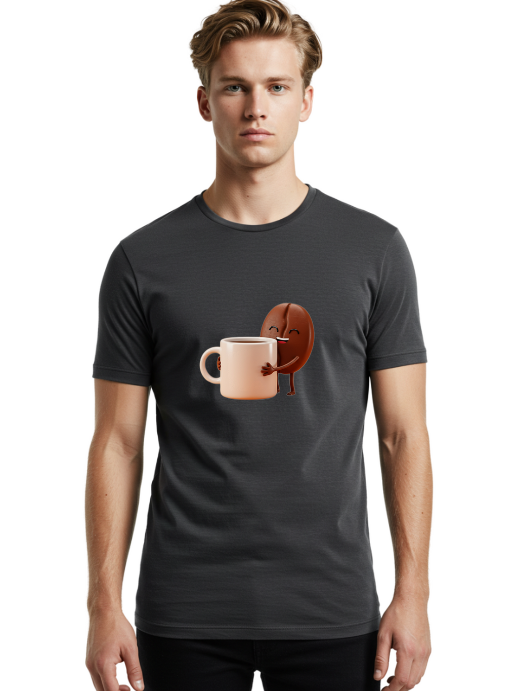 Coffee-Bean-Character-1 Men'S Graphic Tee, 100% Cotton, Comfortable Casual Summer Wear, Machine Washable, Cartoon Coffee Bean, Happy Character, Coffee Mug, Coffee Lover, Morning Pick-Me-Up, Caffeine Fix, Coffee Culture, Funny Illustration, Bab773