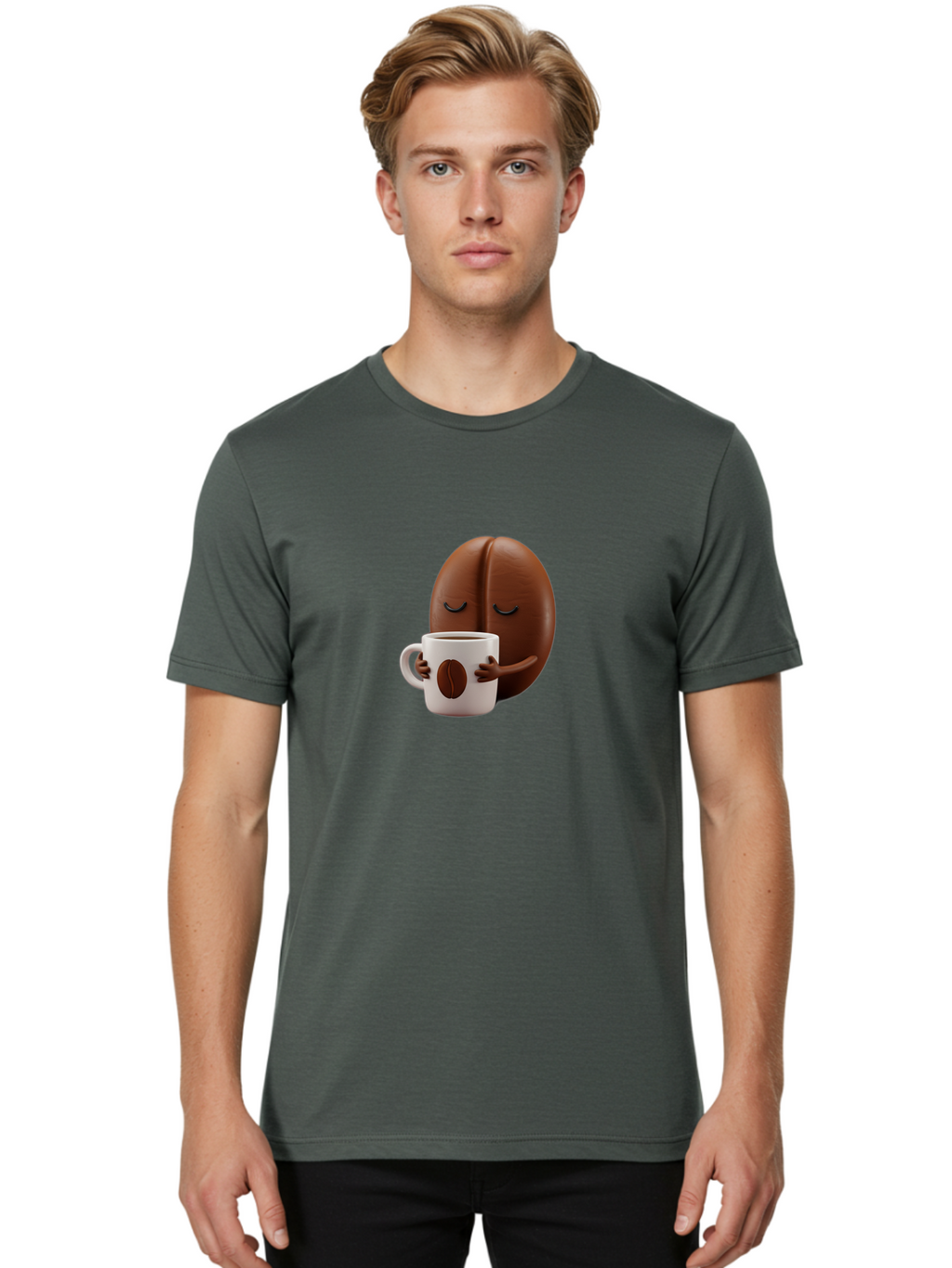Coffee-Bean-Character-2 Men'S Graphic Tee, 100% Cotton, Comfortable Casual Summer Wear, Machine Washable, Cartoon Coffee Bean, Coffee Mug, Relaxed Atmosphere, Happy Character, Coffee Break, Morning Coffee, Caffeine Boost, Coffee Lover, Bab774