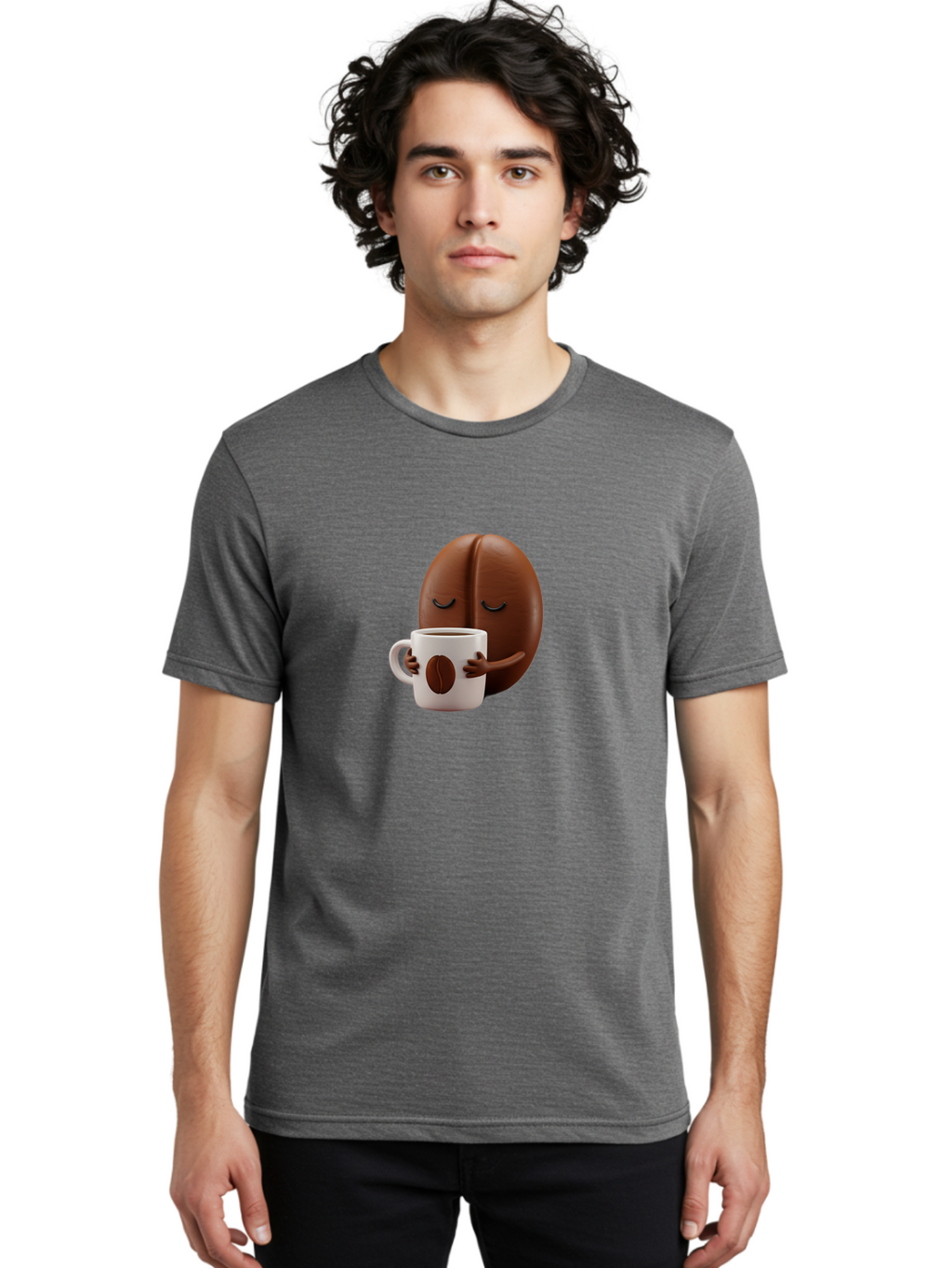 Coffee-Bean-Character-2 Men'S Graphic Tee, 100% Cotton, Comfortable Casual Summer Wear, Machine Washable, Cartoon Coffee Bean, Coffee Mug, Relaxed Atmosphere, Happy Character, Coffee Break, Morning Coffee, Caffeine Boost, Coffee Lover, Bab774