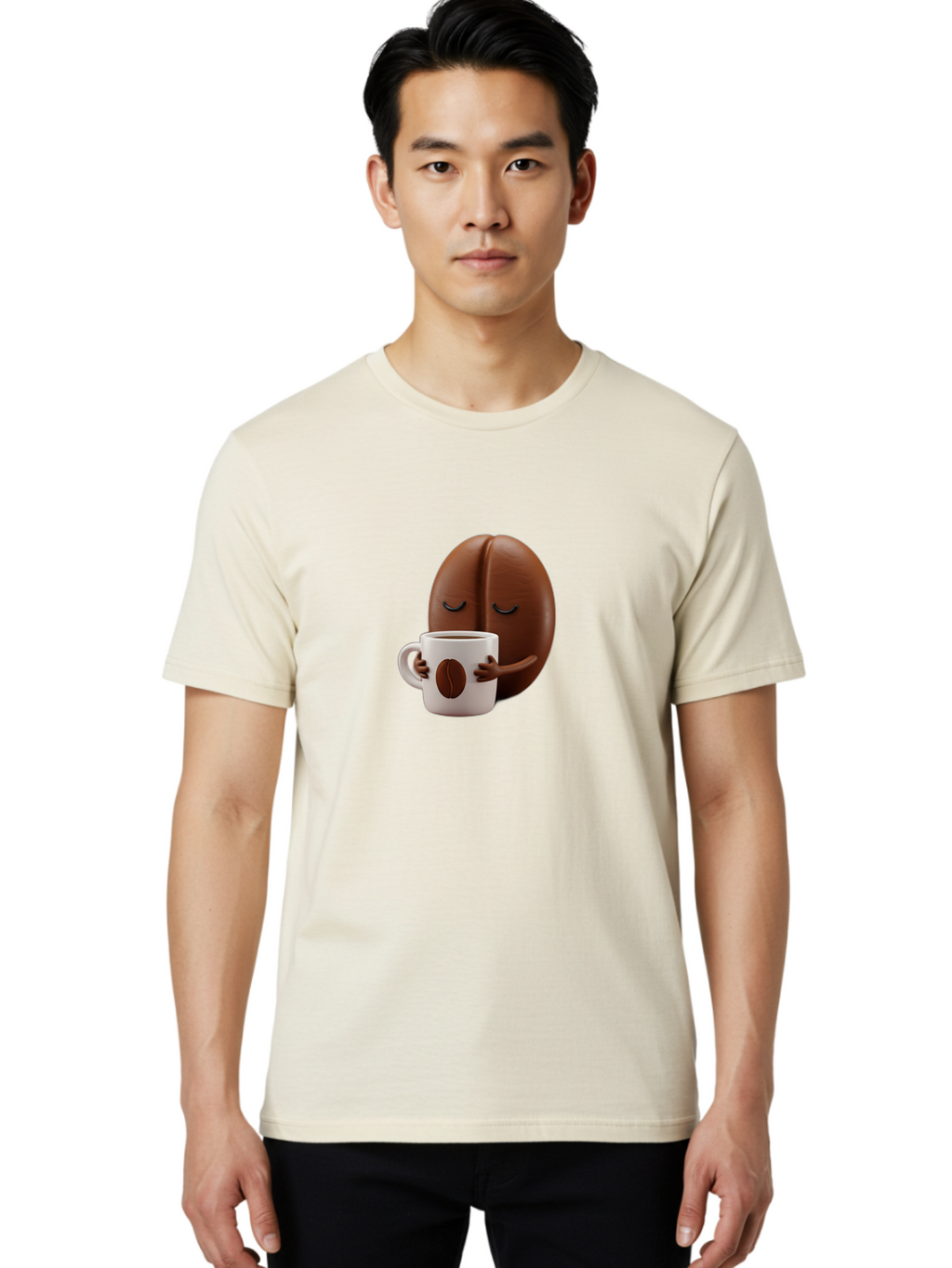 Coffee-Bean-Character-2 Men'S Graphic Tee, 100% Cotton, Comfortable Casual Summer Wear, Machine Washable, Cartoon Coffee Bean, Coffee Mug, Relaxed Atmosphere, Happy Character, Coffee Break, Morning Coffee, Caffeine Boost, Coffee Lover, Bab774