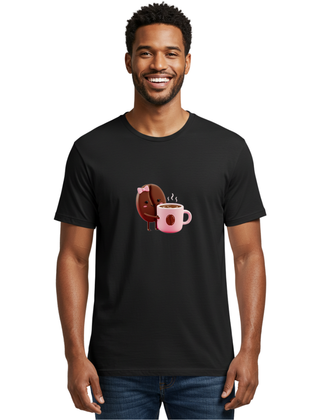 Coffee-Bean-Character-3 Men'S Graphic Tee, 100% Cotton, Comfortable Casual Summer Wear, Machine Washable, Cartoon Coffee Bean, Pink Bow, Coffee Mug, Hot Coffee, Adorable Character, Steaming Coffee, Coffee Lover, Cute Illustration, Bab775