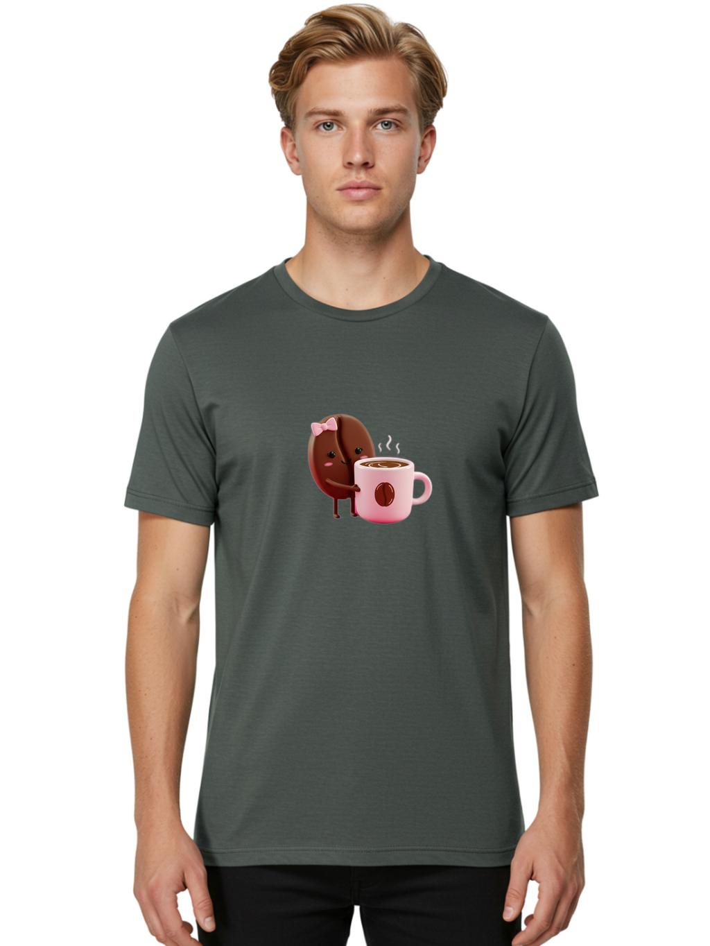 Coffee-Bean-Character-3 Men'S Graphic Tee, 100% Cotton, Comfortable Casual Summer Wear, Machine Washable, Cartoon Coffee Bean, Pink Bow, Coffee Mug, Hot Coffee, Adorable Character, Steaming Coffee, Coffee Lover, Cute Illustration, Bab775