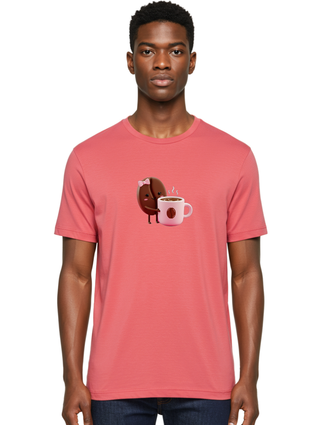 Coffee-Bean-Character-3 Men'S Graphic Tee, 100% Cotton, Comfortable Casual Summer Wear, Machine Washable, Cartoon Coffee Bean, Pink Bow, Coffee Mug, Hot Coffee, Adorable Character, Steaming Coffee, Coffee Lover, Cute Illustration, Bab775