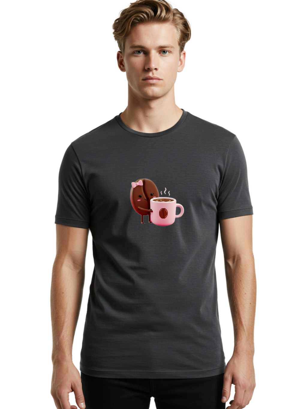 Coffee-Bean-Character-3 Men'S Graphic Tee, 100% Cotton, Comfortable Casual Summer Wear, Machine Washable, Cartoon Coffee Bean, Pink Bow, Coffee Mug, Hot Coffee, Adorable Character, Steaming Coffee, Coffee Lover, Cute Illustration, Bab775