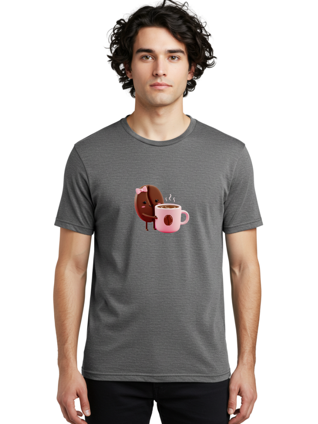 Coffee-Bean-Character-3 Men'S Graphic Tee, 100% Cotton, Comfortable Casual Summer Wear, Machine Washable, Cartoon Coffee Bean, Pink Bow, Coffee Mug, Hot Coffee, Adorable Character, Steaming Coffee, Coffee Lover, Cute Illustration, Bab775