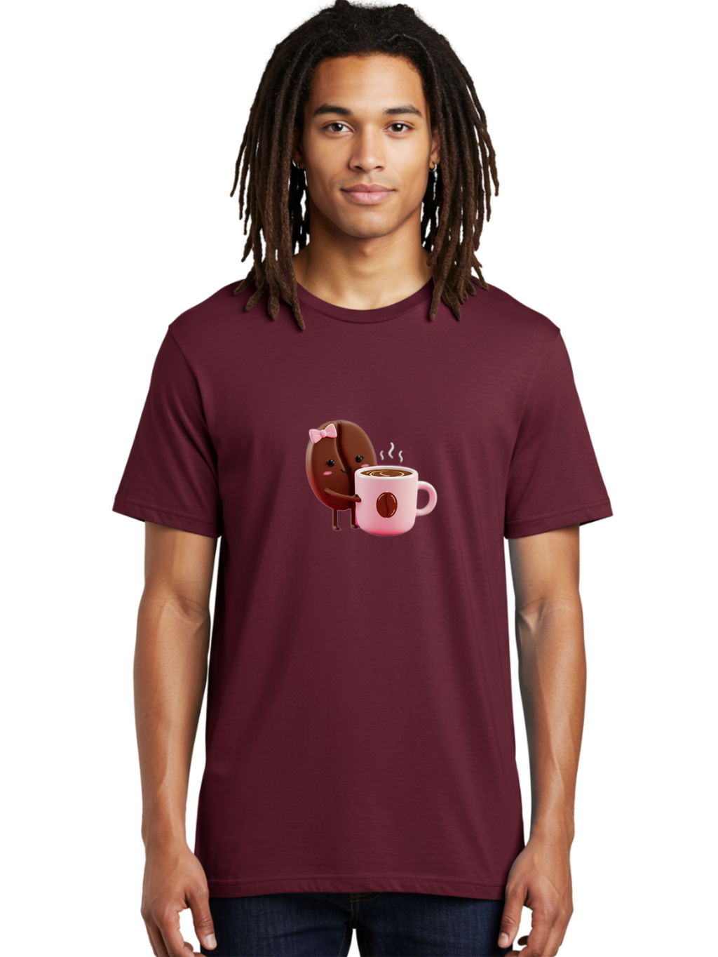 Coffee-Bean-Character-3 Men'S Graphic Tee, 100% Cotton, Comfortable Casual Summer Wear, Machine Washable, Cartoon Coffee Bean, Pink Bow, Coffee Mug, Hot Coffee, Adorable Character, Steaming Coffee, Coffee Lover, Cute Illustration, Bab775