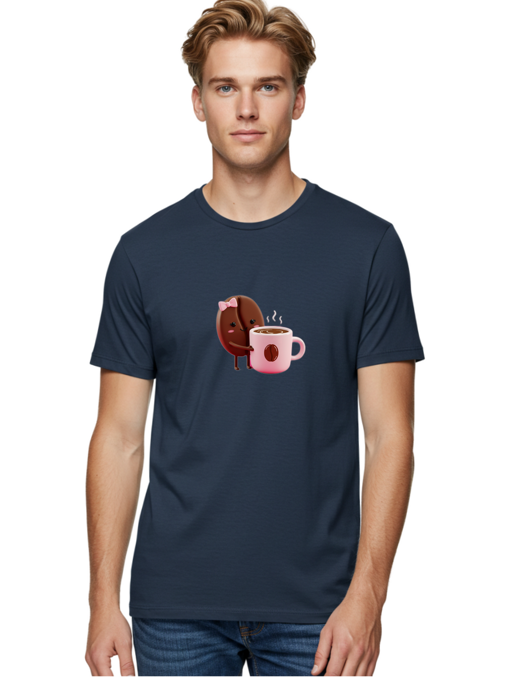 Coffee-Bean-Character-3 Men'S Graphic Tee, 100% Cotton, Comfortable Casual Summer Wear, Machine Washable, Cartoon Coffee Bean, Pink Bow, Coffee Mug, Hot Coffee, Adorable Character, Steaming Coffee, Coffee Lover, Cute Illustration, Bab775