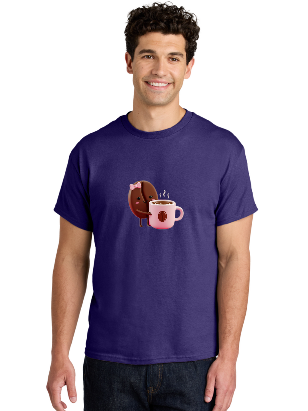Coffee-Bean-Character-3 Men'S Graphic Tee, 100% Cotton, Comfortable Casual Summer Wear, Machine Washable, Cartoon Coffee Bean, Pink Bow, Coffee Mug, Hot Coffee, Adorable Character, Steaming Coffee, Coffee Lover, Cute Illustration, Bab775