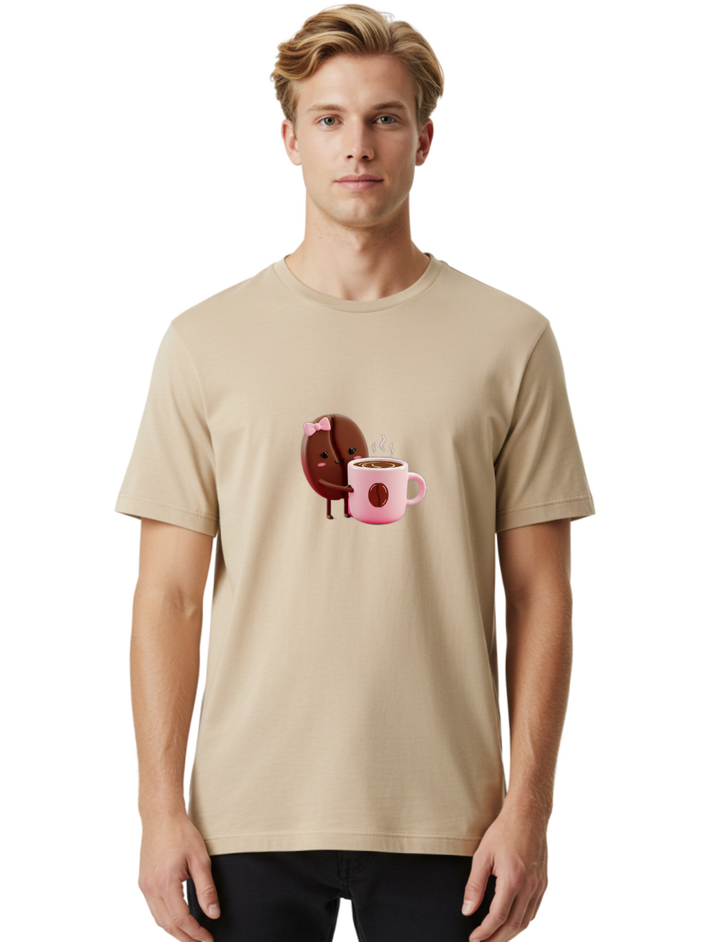 Coffee-Bean-Character-3 Men'S Graphic Tee, 100% Cotton, Comfortable Casual Summer Wear, Machine Washable, Cartoon Coffee Bean, Pink Bow, Coffee Mug, Hot Coffee, Adorable Character, Steaming Coffee, Coffee Lover, Cute Illustration, Bab775