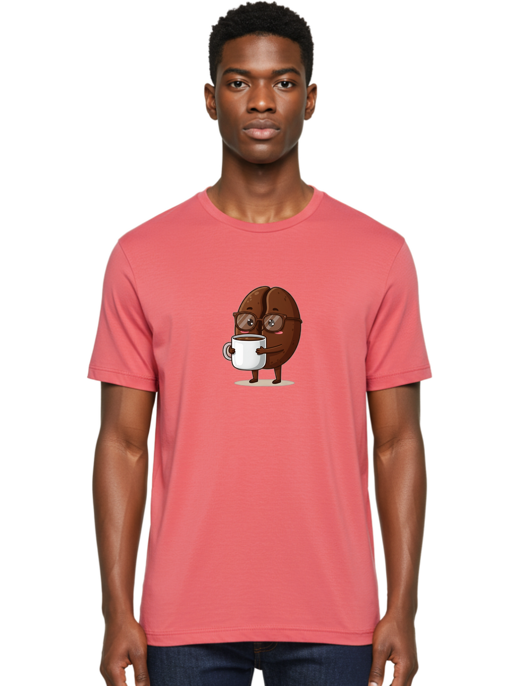 Coffee-Bean-Character-4 Men'S Graphic Tee, 100% Cotton, Comfortable Casual Summer Wear, Machine Washable, Coffee Bean Character, Coffee Lover, Brown Coffee Bean, Holding Coffee Mug, Coffee Break, Cartoon Style, Coffee Culture, Funny Character, Bab776