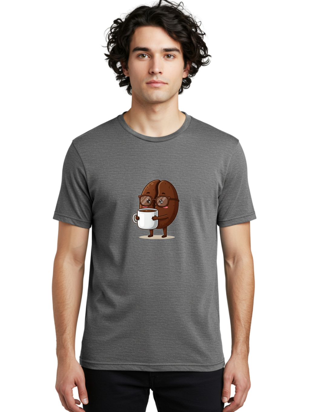 Coffee-Bean-Character-4 Men'S Graphic Tee, 100% Cotton, Comfortable Casual Summer Wear, Machine Washable, Coffee Bean Character, Coffee Lover, Brown Coffee Bean, Holding Coffee Mug, Coffee Break, Cartoon Style, Coffee Culture, Funny Character, Bab776