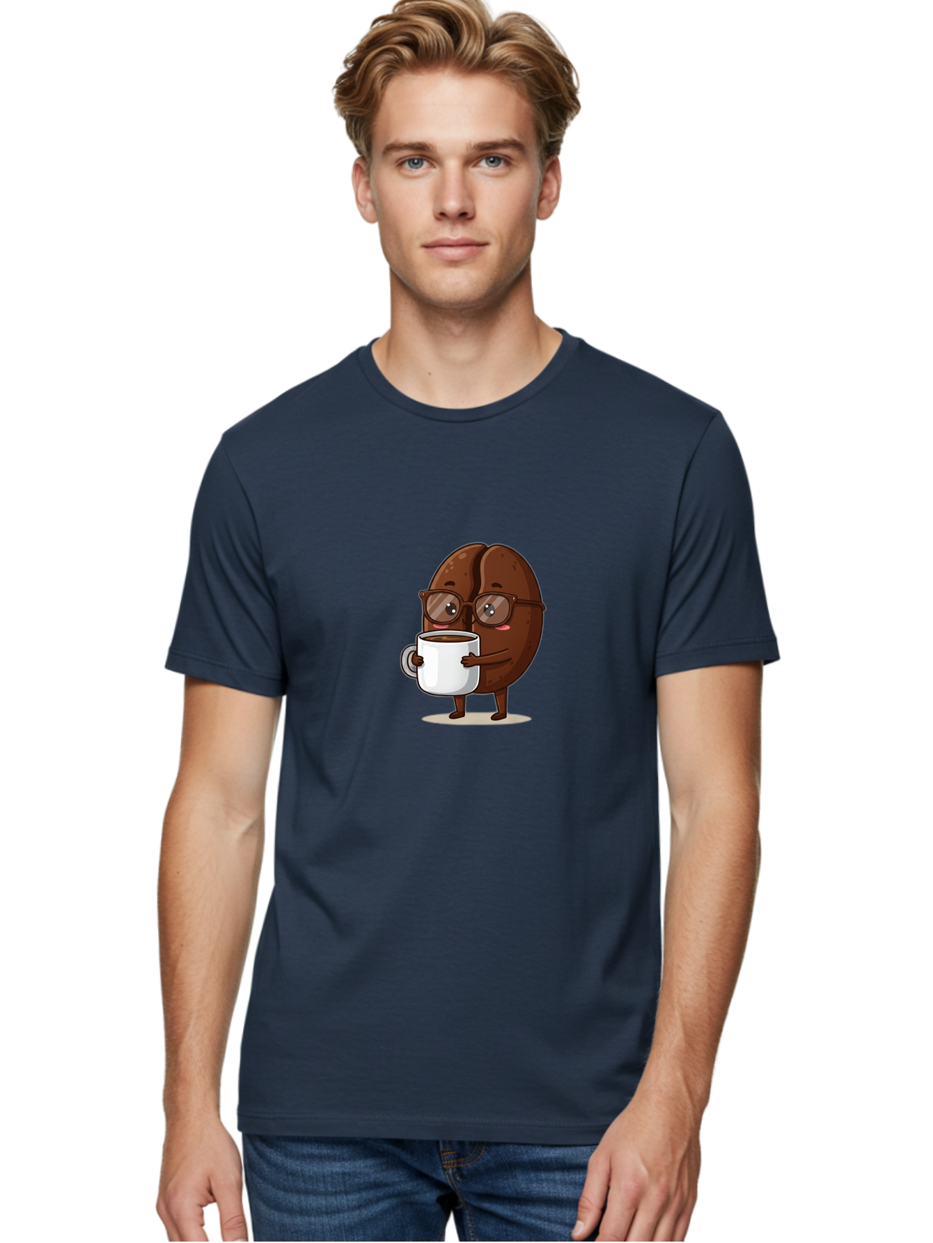 Coffee-Bean-Character-4 Men'S Graphic Tee, 100% Cotton, Comfortable Casual Summer Wear, Machine Washable, Coffee Bean Character, Coffee Lover, Brown Coffee Bean, Holding Coffee Mug, Coffee Break, Cartoon Style, Coffee Culture, Funny Character, Bab776