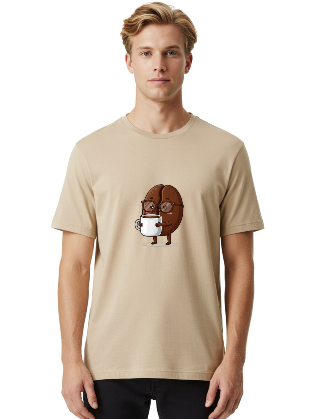 Coffee-Bean-Character-4 Men'S Graphic Tee, 100% Cotton, Comfortable Casual Summer Wear, Machine Washable, Coffee Bean Character, Coffee Lover, Brown Coffee Bean, Holding Coffee Mug, Coffee Break, Cartoon Style, Coffee Culture, Funny Character, Bab776