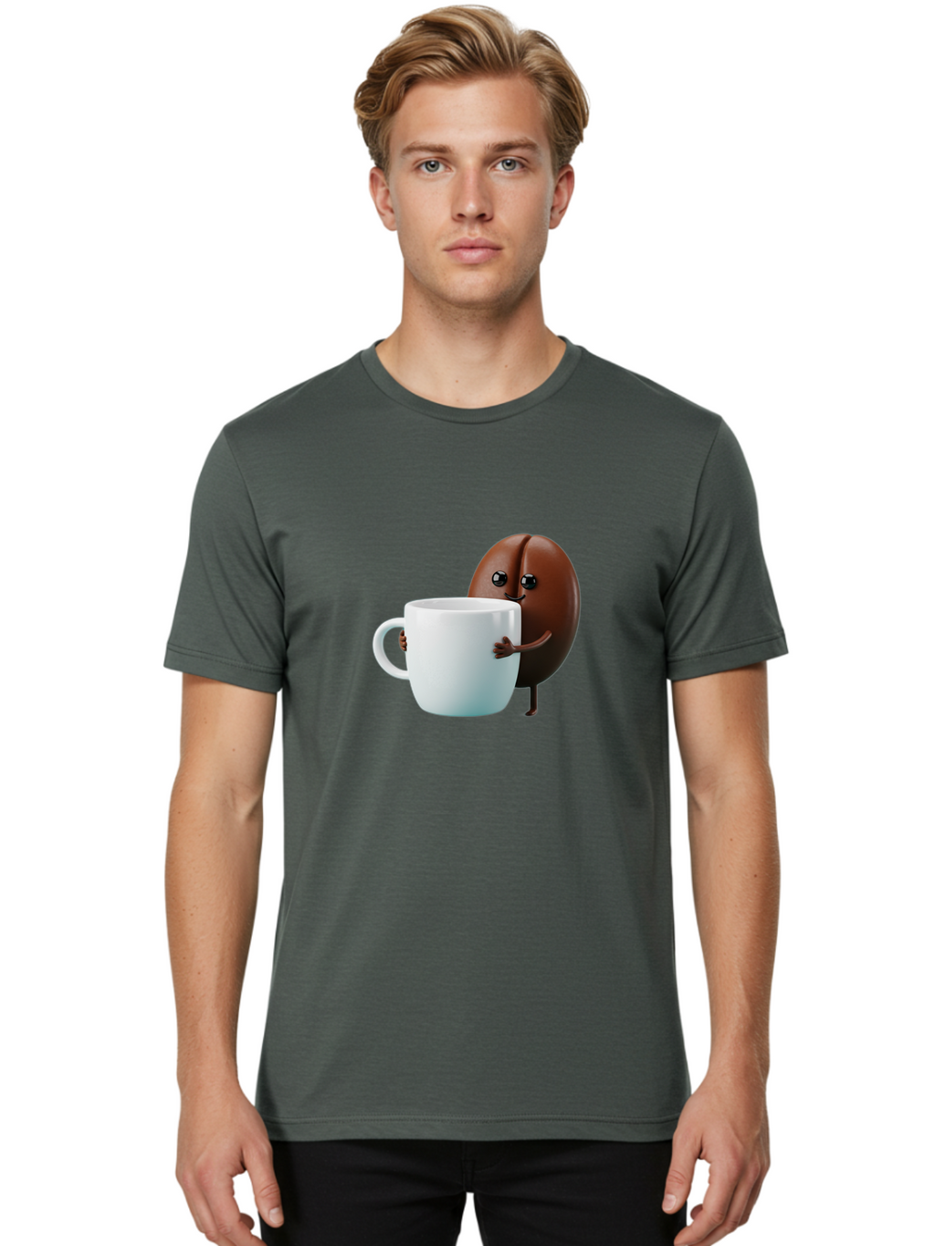 Coffee-Bean-Character Men'S Graphic Tee, 100% Cotton, Comfortable Casual Summer Wear, Machine Washable, Cartoon Coffee Bean, Holding Coffee Mug, Happy Face, Cute Character, Coffee Lover, Morning Pick-Me-Up, Coffee Culture, Fun Design, Bab777