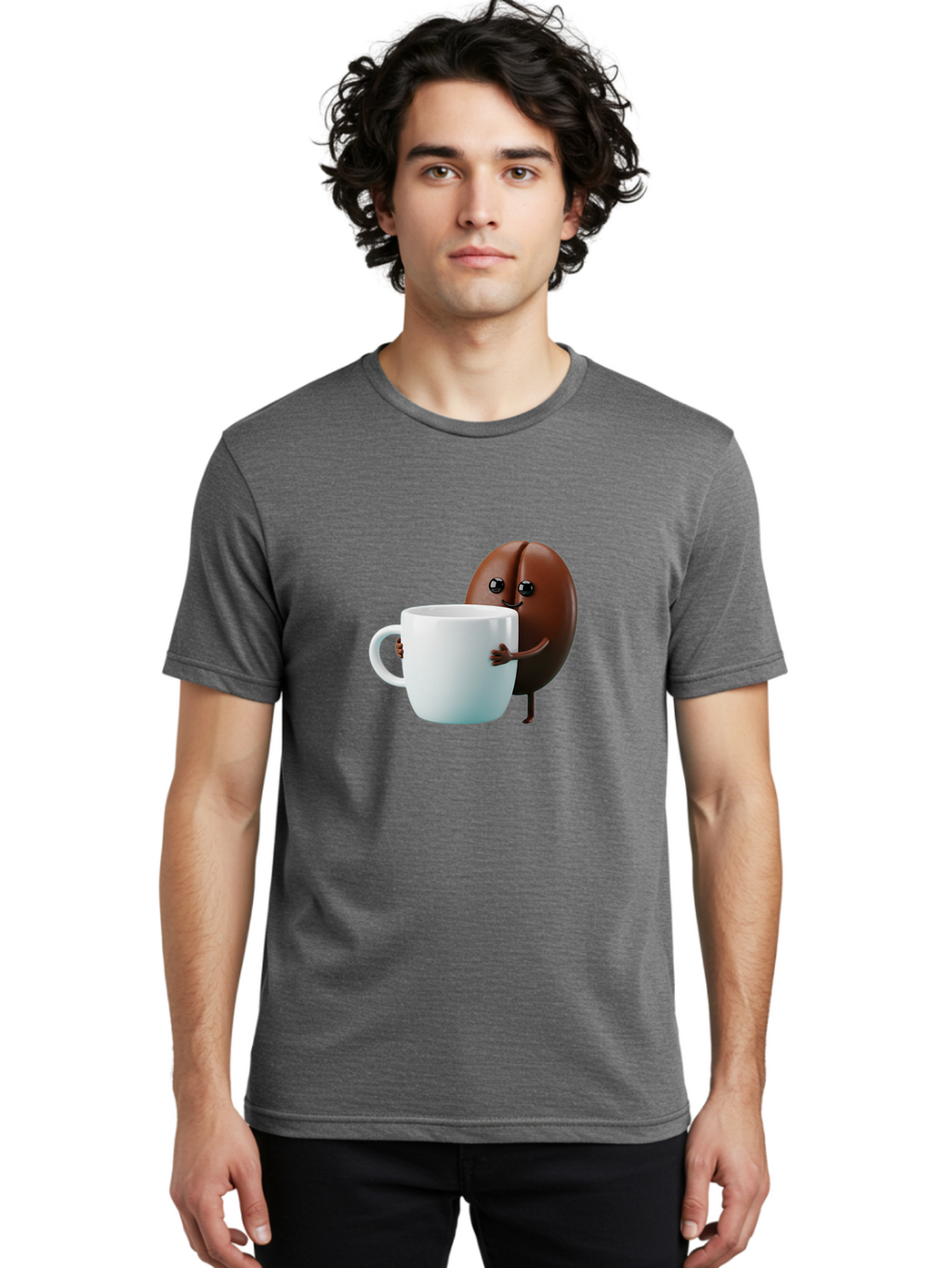 Coffee-Bean-Character Men'S Graphic Tee, 100% Cotton, Comfortable Casual Summer Wear, Machine Washable, Cartoon Coffee Bean, Holding Coffee Mug, Happy Face, Cute Character, Coffee Lover, Morning Pick-Me-Up, Coffee Culture, Fun Design, Bab777