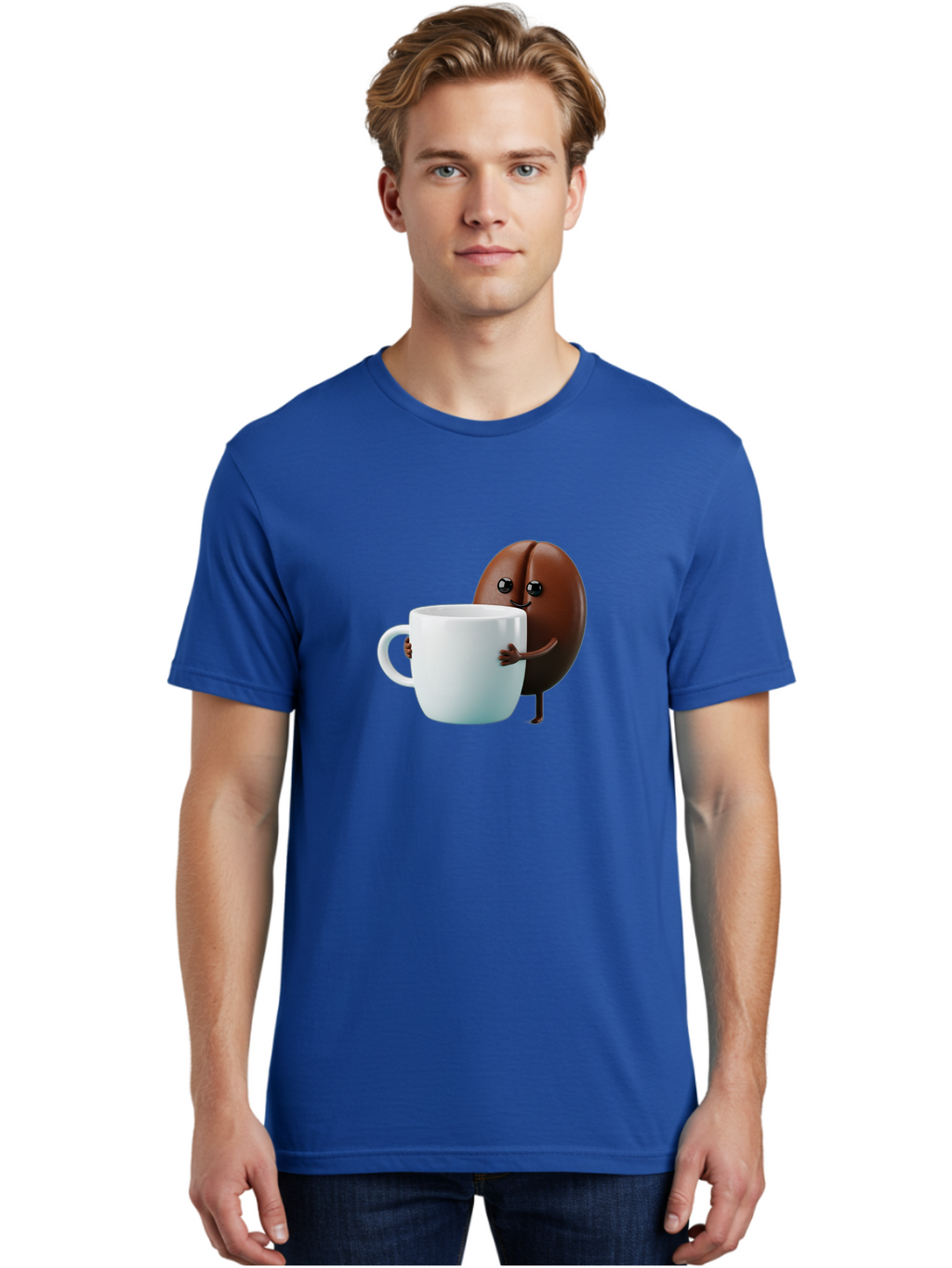 Coffee-Bean-Character Men'S Graphic Tee, 100% Cotton, Comfortable Casual Summer Wear, Machine Washable, Cartoon Coffee Bean, Holding Coffee Mug, Happy Face, Cute Character, Coffee Lover, Morning Pick-Me-Up, Coffee Culture, Fun Design, Bab777