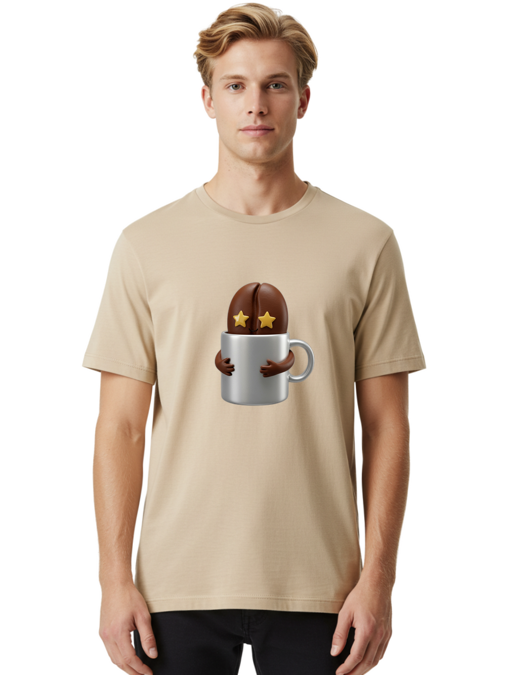 Coffee-Bean-In-A-Cup Men'S Graphic Tee, 100% Cotton, Comfortable Casual Summer Wear, Machine Washable, Coffee Bean Character, Coffee Cup, Cute Illustration, Cartoon Coffee, Coffee Culture, Coffee Love, Morning Coffee, Coffee Beans, Coffee Art Bab778