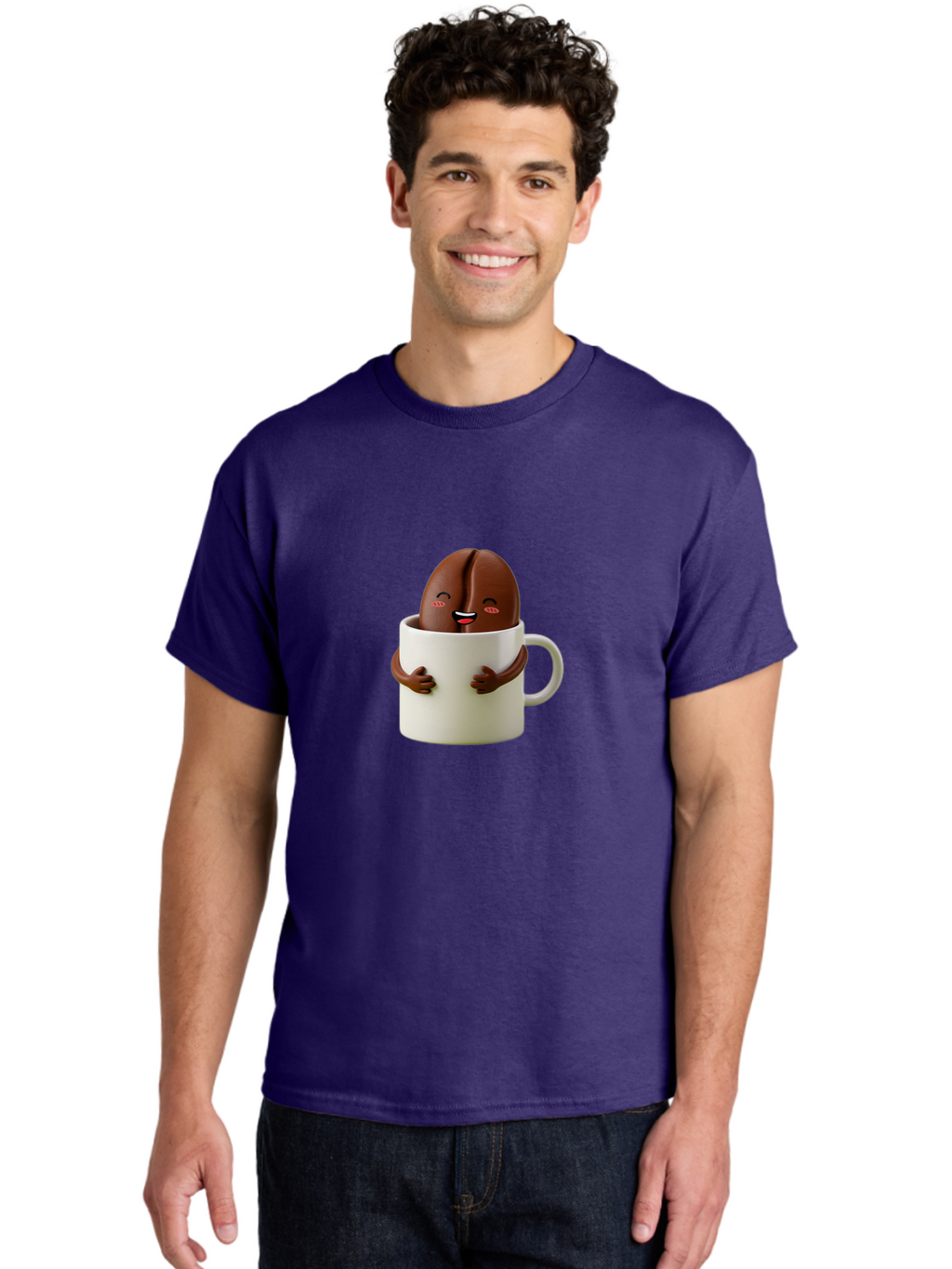 Coffee-Bean-In-Cup Men'S Graphic Tee, 100% Cotton, Comfortable Casual Summer Wear, Machine Washable, Chocolate-Covered Coffee Bean, Coffee Lover, Cute Cartoon Character, Funny Beverage, Happy Face, Quirky Design, Coffee Break, Bab779