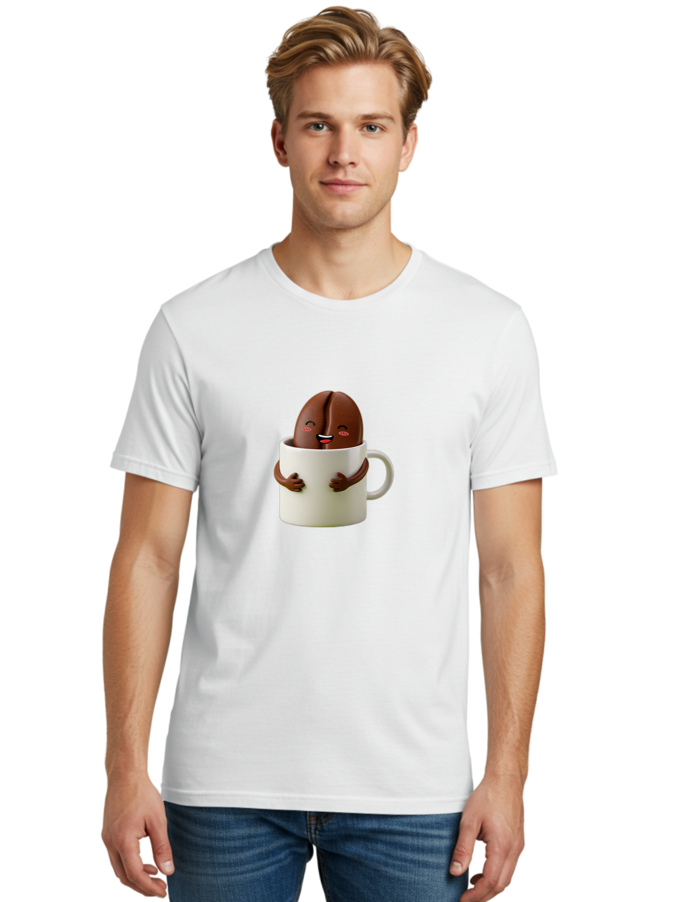 Coffee-Bean-In-Cup Men'S Graphic Tee, 100% Cotton, Comfortable Casual Summer Wear, Machine Washable, Chocolate-Covered Coffee Bean, Coffee Lover, Cute Cartoon Character, Funny Beverage, Happy Face, Quirky Design, Coffee Break, Bab779