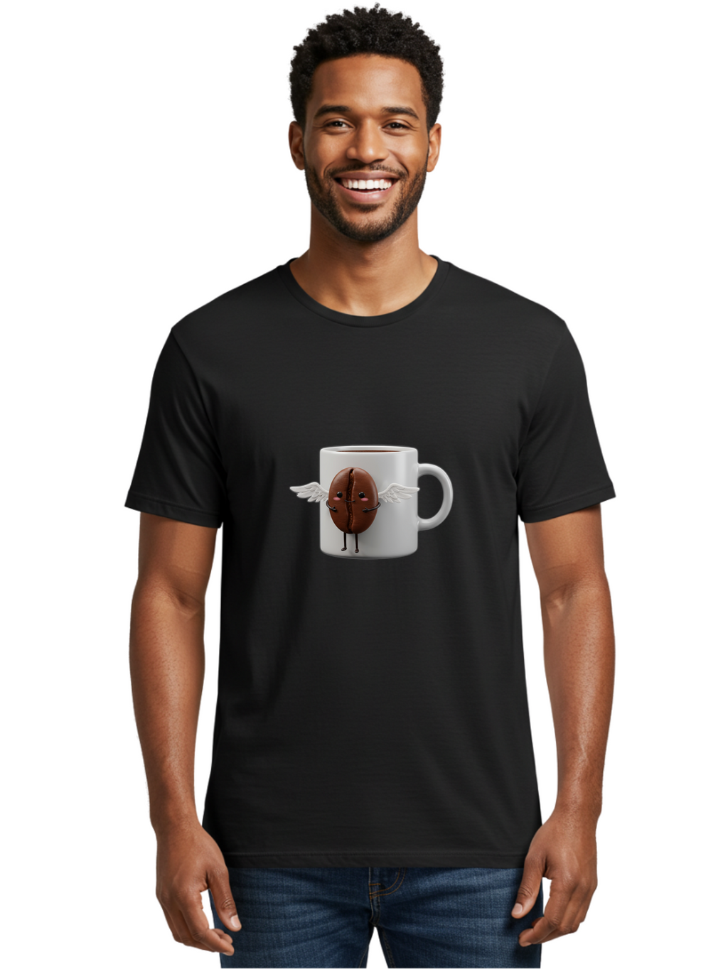 Coffee-Bean-Mug Men'S Graphic Tee, 100% Cotton, Comfortable Casual Summer Wear, Machine Washable, Coffee Mug, Funny Design, Cartoon Coffee Bean, White Wings, Adorable Face, Morning Coffee, Coffee Lover, Coffee Culture, Quirky Accessories Bab780