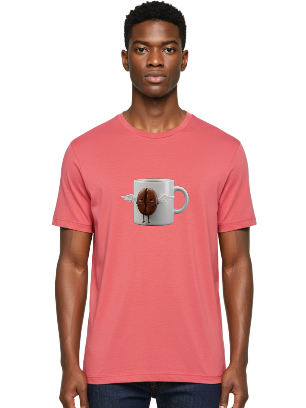 Coffee-Bean-Mug Men'S Graphic Tee, 100% Cotton, Comfortable Casual Summer Wear, Machine Washable, Coffee Mug, Funny Design, Cartoon Coffee Bean, White Wings, Adorable Face, Morning Coffee, Coffee Lover, Coffee Culture, Quirky Accessories Bab780